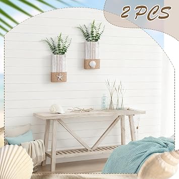 AceOrbit 2 Pcs Beach Rustic Wood Wall Planter Vase Beach Room Decor Nautical Coastal Farmhouse Wall Hanging Decor Pocket Planter for Living Room Office Decoration Excluding Plant (Seashell,Rustic)