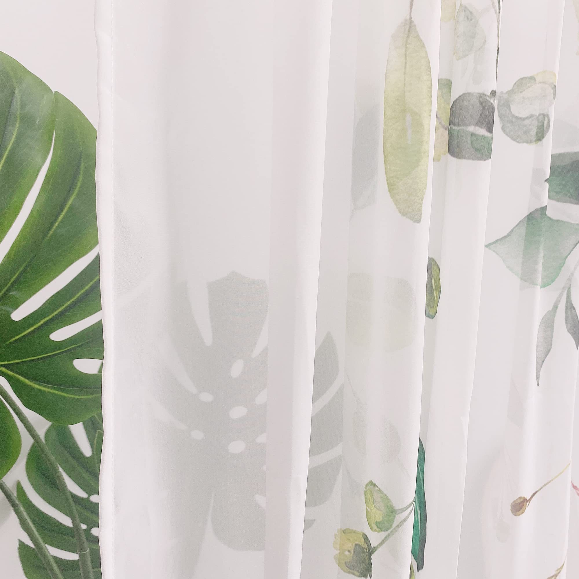 Tende per soggiorno con foglie di eucalipto verde, lunghezza 160 cm, set di 2 pannelli, elegante tenda per finestra con stampa floreale primaverile naturale in chiffon trasparente per camera