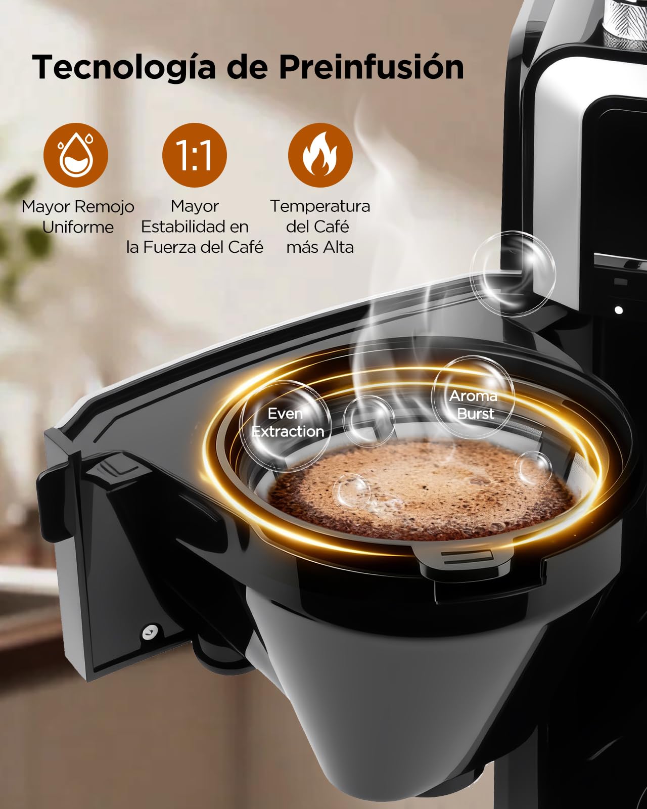 Aigostar Cafetera Goteo con Molinillo Incorporado, 7 Ajustes de Molienda | 1,5L (2-12 Tazas), 1400W Maquina de Cafe, 3 Concentraciones, Programable 24H con Mantenimiento de Calor, Negro