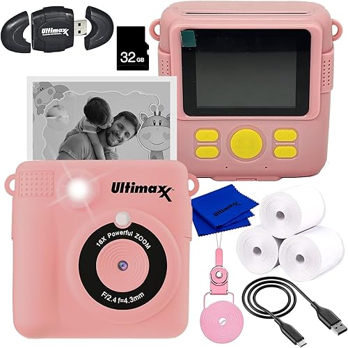 Ultimaxx Paquete de cámara de impresión instantánea esencial para niños (rosa) - Incluye tarjeta microSD de 32 GB, lector de tarjetas de memoria de