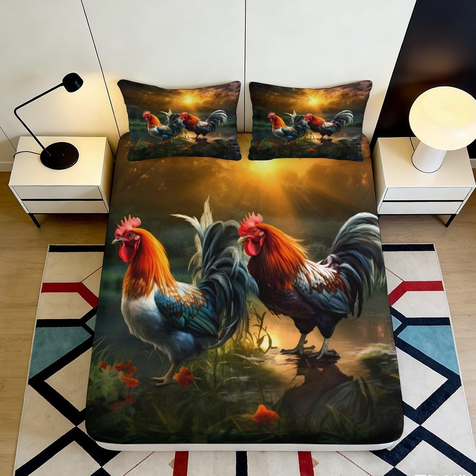 3D Printed Rooster Sunrise Fitted Sheet Microfiber Soft Breathable Chicken Farm Mattress Cover for Bedroom Guest Room Decoration 90x200x25cm