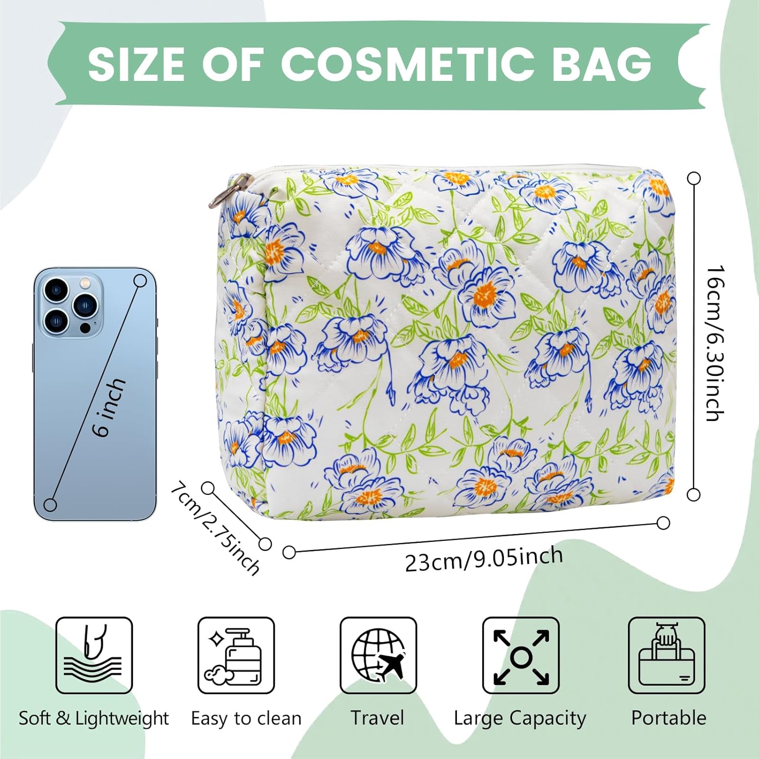 Long Keeper Large Makeup Bag Floral Aesthetic Cosmetic Bag Women Cotton Travel Make Up Bag Cute Flower Toiletry Organizer Bag (Blue Green Flower) - Image 2