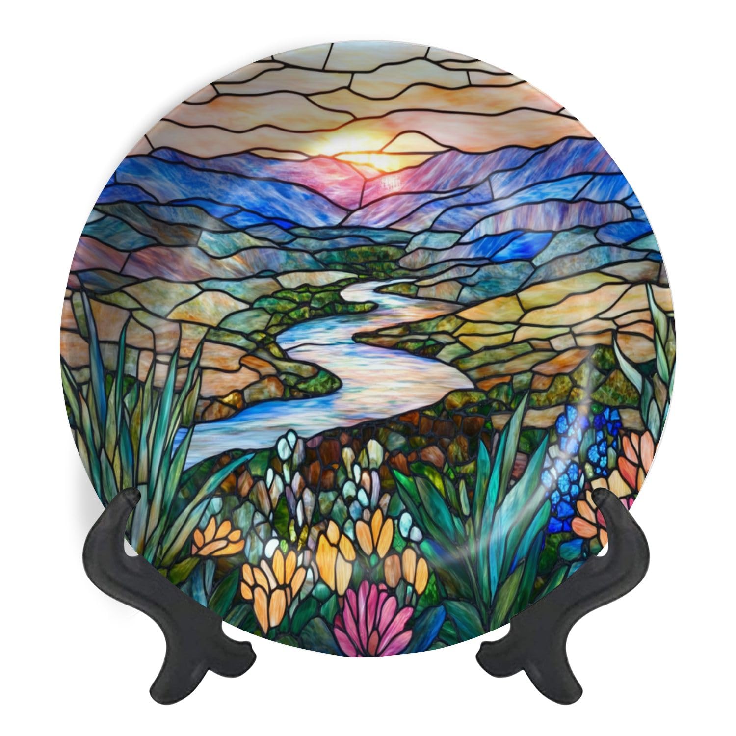 Decorative Plates for Display Indigo Mountains Valley Stained Glass Panel Gift Plates Ceramic Collections Plates Hanging Artwork for Living Dining Room Kitchen Souvenir