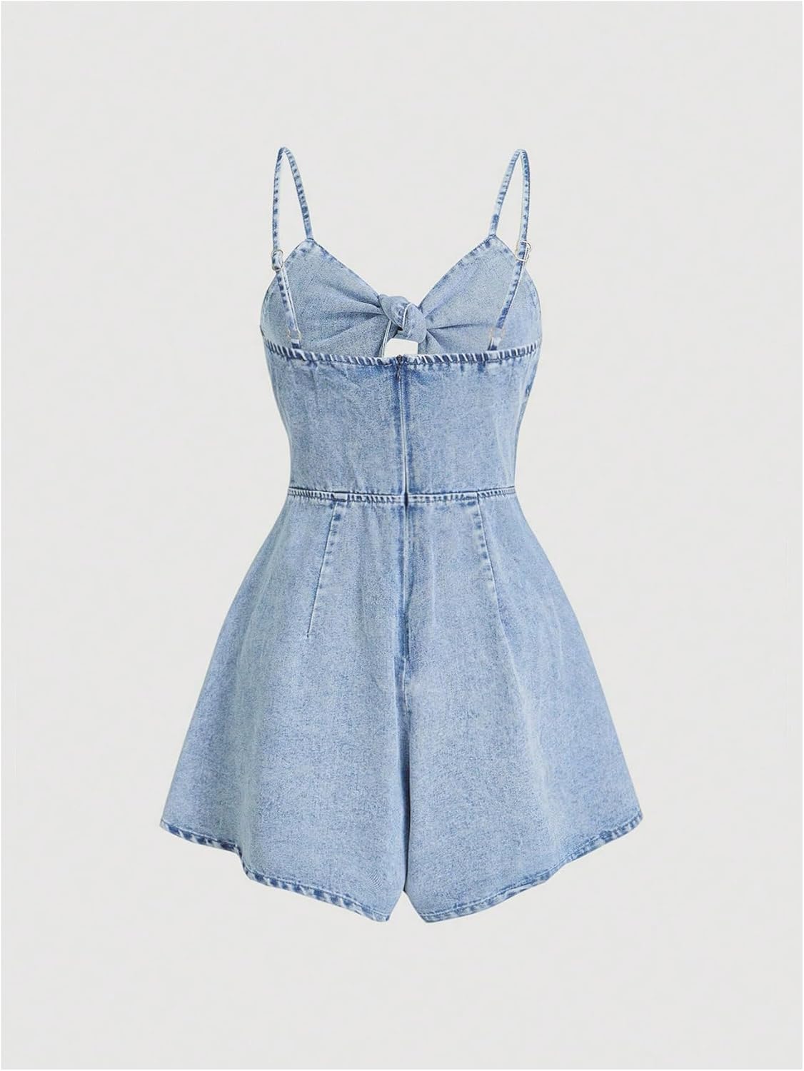 OYOANGLE Women's Vintage Bowknot Spaghetti Strap Denim Romper Sleeveless Wide Leg Jean Short Jumpsuits - Image 2