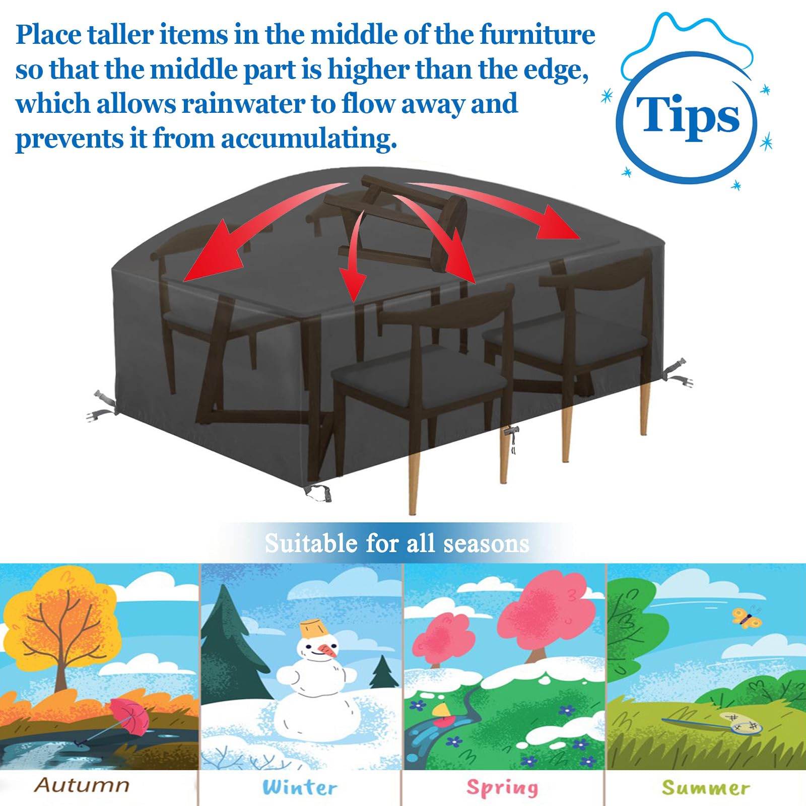 Housse Table Jardin Rectangulaire 260x130x85cm/LxlxHBâche Salon de Jardin Extérieur Tissu 420D Oxford Housse de Protection Salon de Extérieur Coupe-vent et résistant au froid -Noir