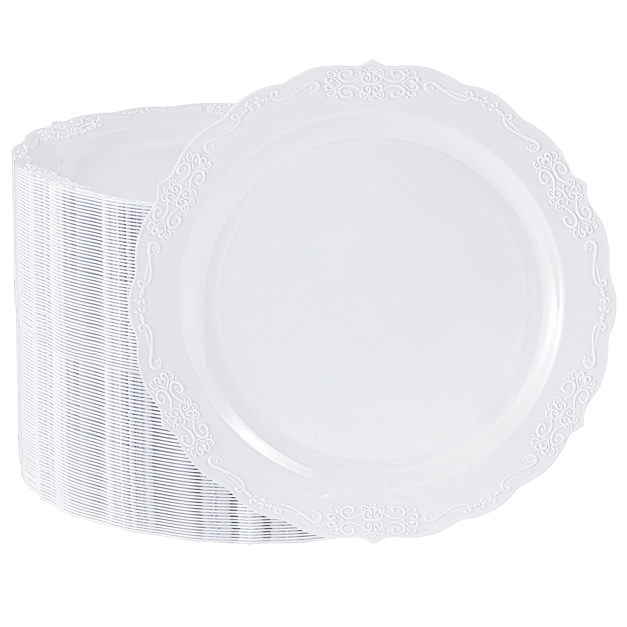 Photo 1 of Conflech 100 Pieces White Plastic Plates - 10.25inch Dinner Disposable Plates - Premium Heavy Duty Hard Disposable Dinner Plates - Party Supplies for Birthdays, Celebrations, Thanksgiving Wedding