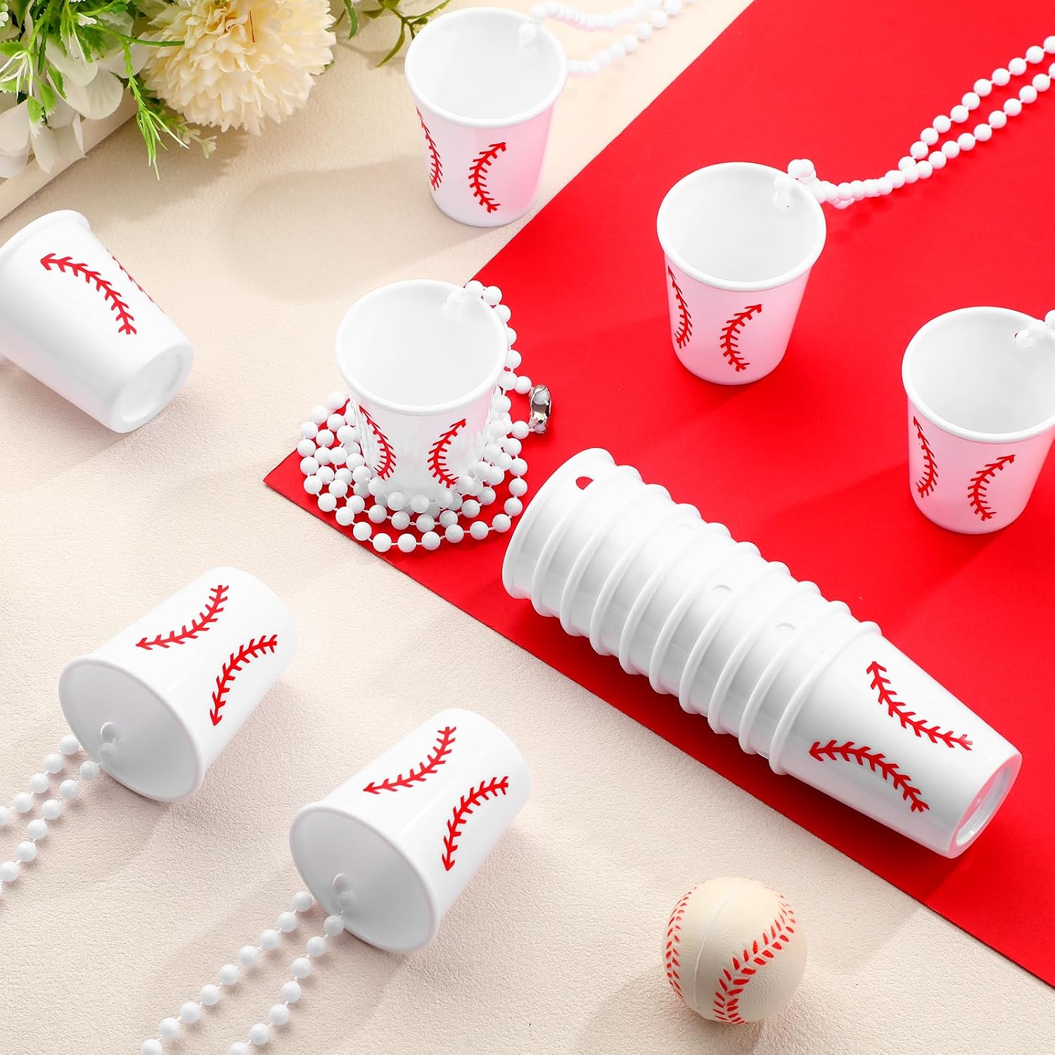 Huquary 24 Pack Shot Glass Necklaces Cups Bulk Baseball Birthday Shot Glass on Beaded Plastic Necklace for Adults and Teens Sports Team Party Gifts Bachelorette Wedding Festival Birthday Party Favors