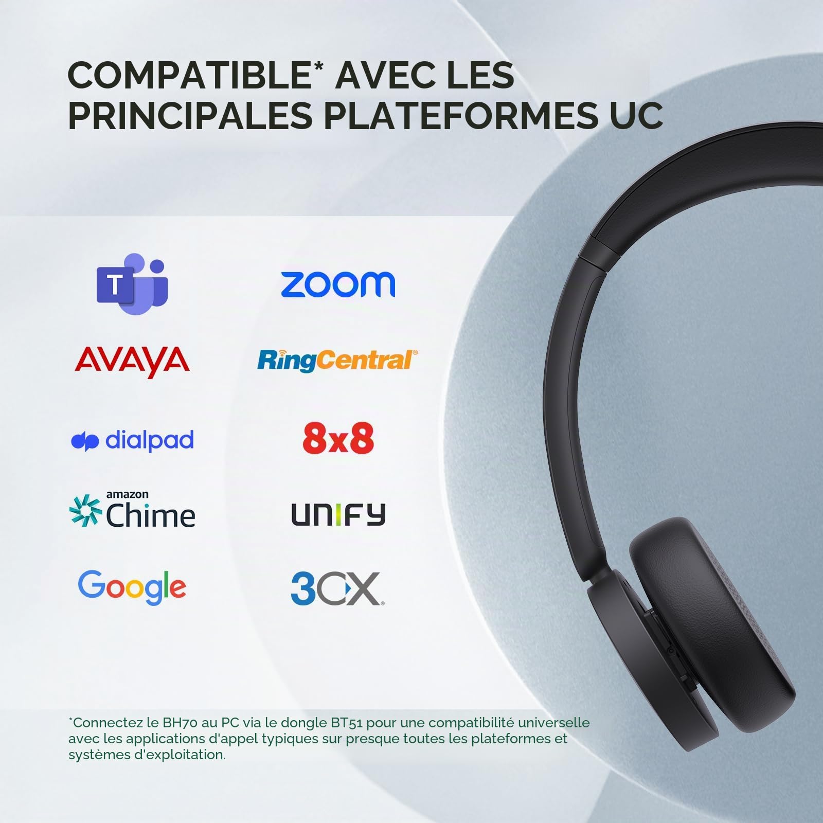 Yealink Casque Bluetooth sans Fil BH70 avec Microphone pour Le Travail, jusqu'à 35 Heures d'autonomie en Conversation, Suppression du Bruit à 3 Microphones, 147g Casque certifié Microsoft Teams