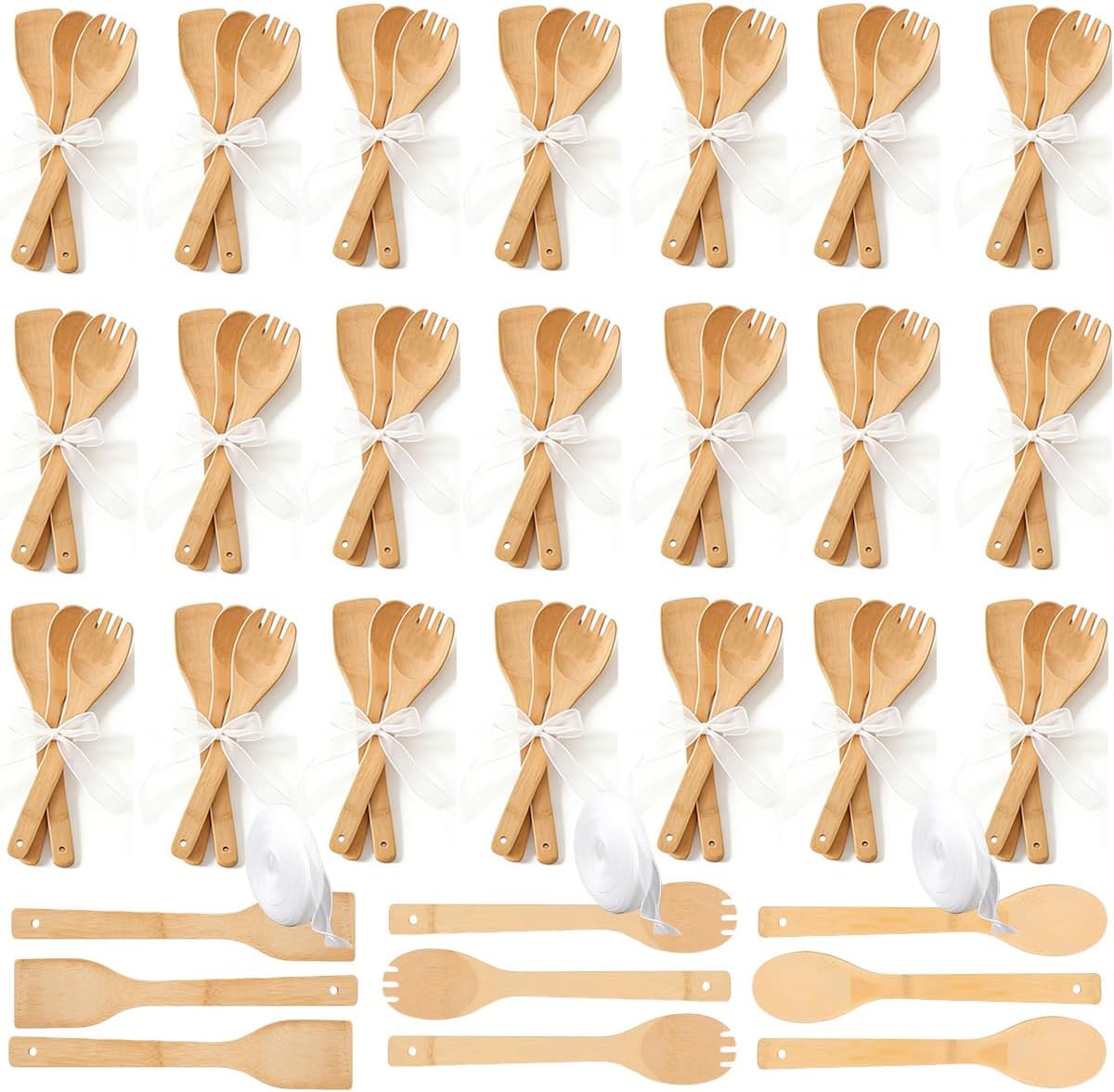 72 Pcs Bamboo Wooden Utensils Set, 24 Slotted Spatula 24 Round Spoon 24 Spork 12 Inch Cooking Tools with 5 Rolls Ribbon for Bridal Wedding Party Favors Housewarming Gifts, Nonstick Wood Spatula