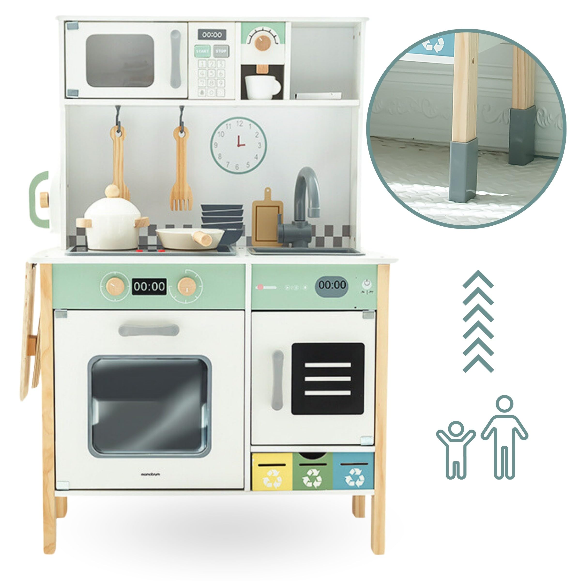 Mamabrum Cuisine en Bois Montessori Interactive – Plaque sonore & Lumineuse, Micro-Ondes, Lave-Vaisselle, Lave-Linge, Tableau Noir, Accessoires – Hauteur réglable dès 3 Ans