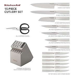 KitchenAid Gourmet Knife Block Set with Built-in Sharpener, 15-Piece, Stainless Steel