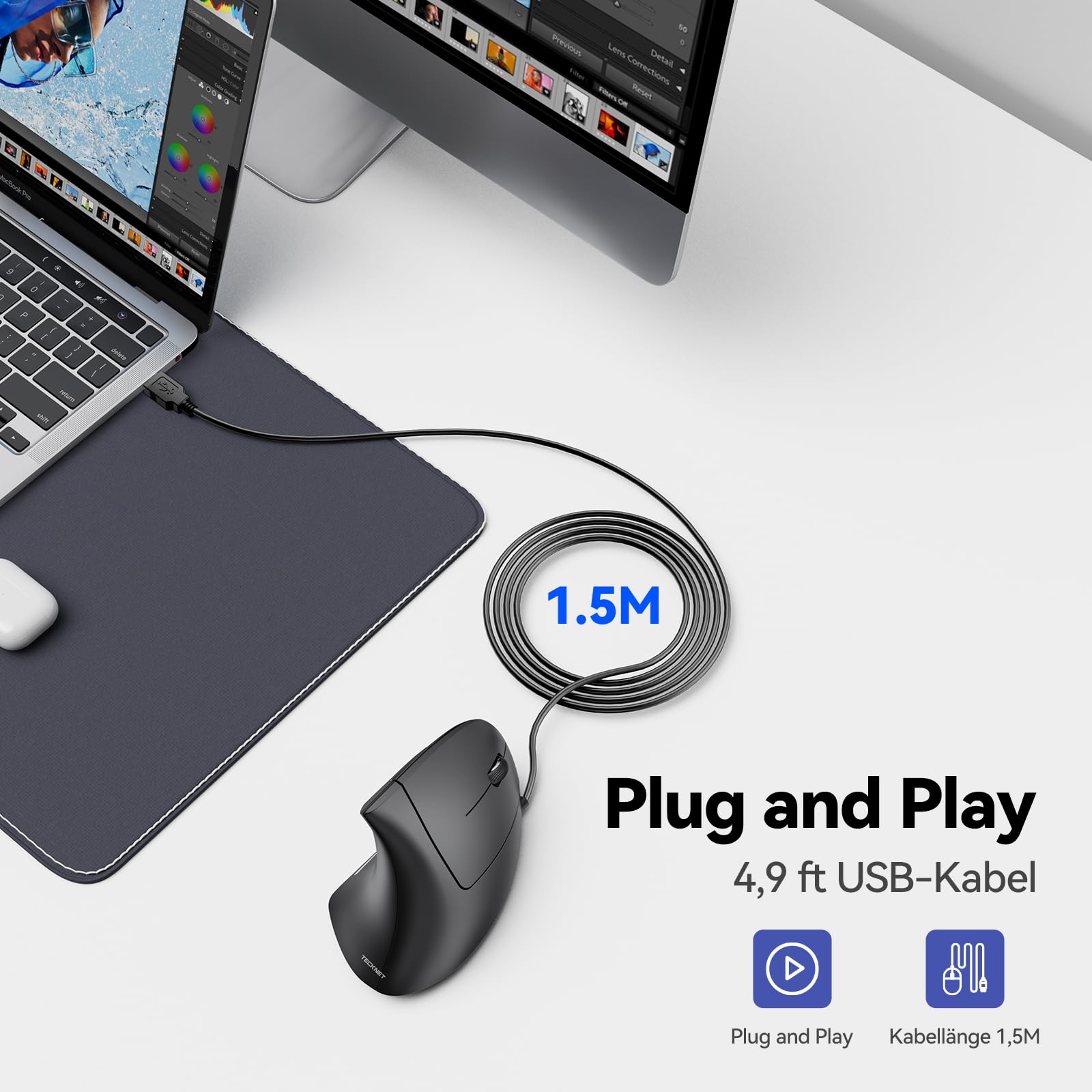 TECKNET Ergonomische muis, draadloze Bluetooth verticale muis (BT 5.0 BT 3.0 2.4G), 6 standen tot 4800 DPI, optische stille draadloze muis voor laptop/ PC/Mac/tablet/iPad (Win/Android/iOS), 6 toetsen