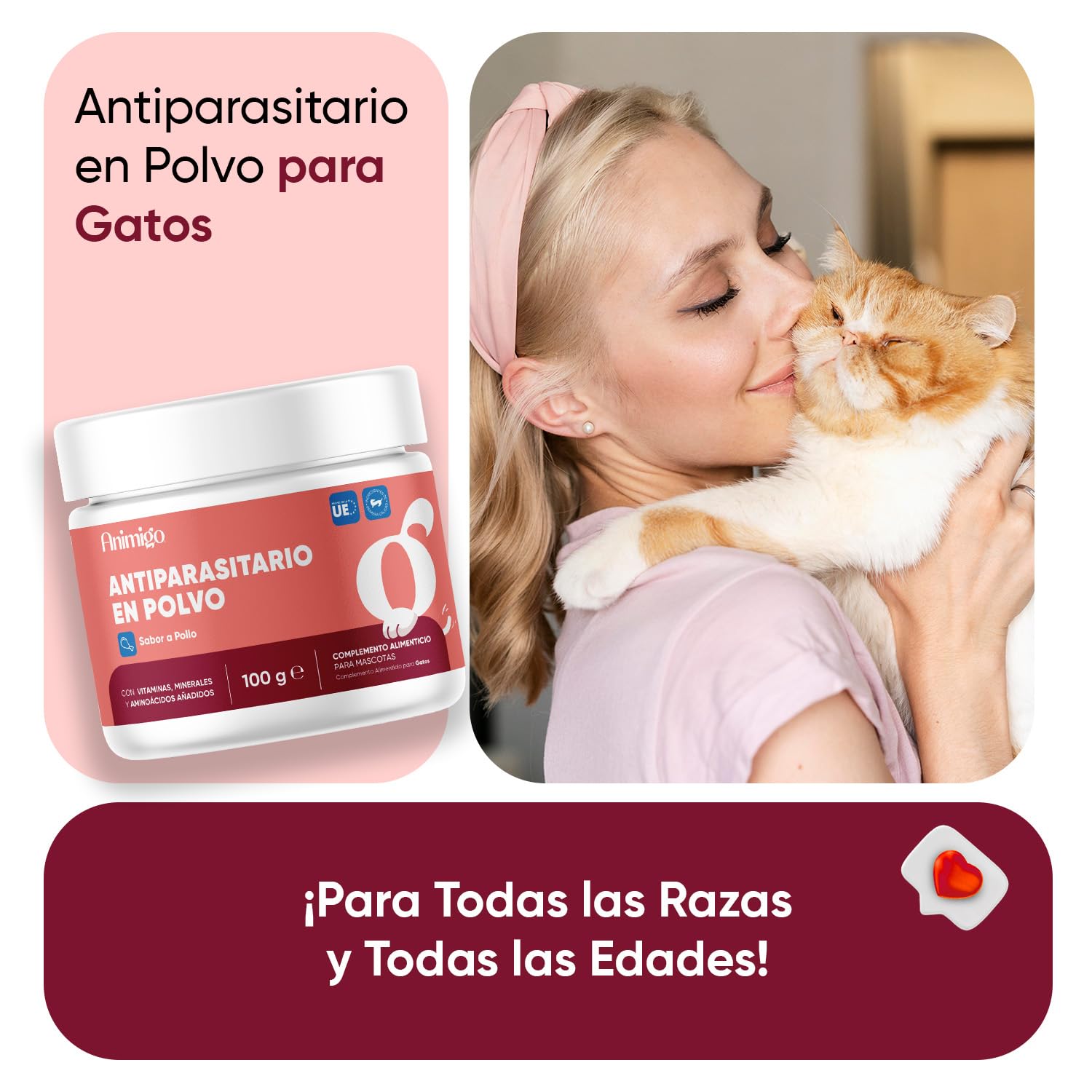 animigo Antiparasitario en Polvo para Gatos 100g Sabor Pollo - Protección Natural Antipulgas y Antigarrapatas Muy Fácil de Suministrar Formulado con Ingredientes Naturales, Vitaminas Grupo B y Zinc