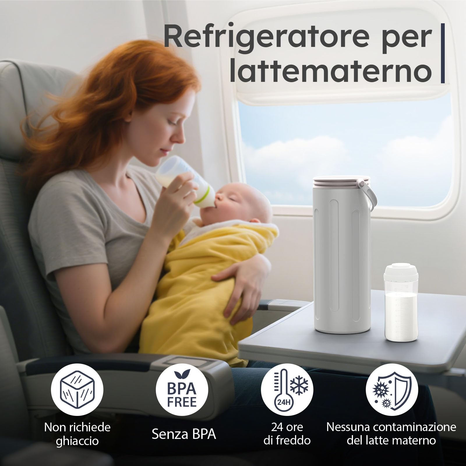 Raffreddatore per latte materno per lavoro e viaggi, raffreddamento a 360° mantiene il latte fresco per 24 ore, con 2 biberon per conservare latte materno, utensili per l'allattamento