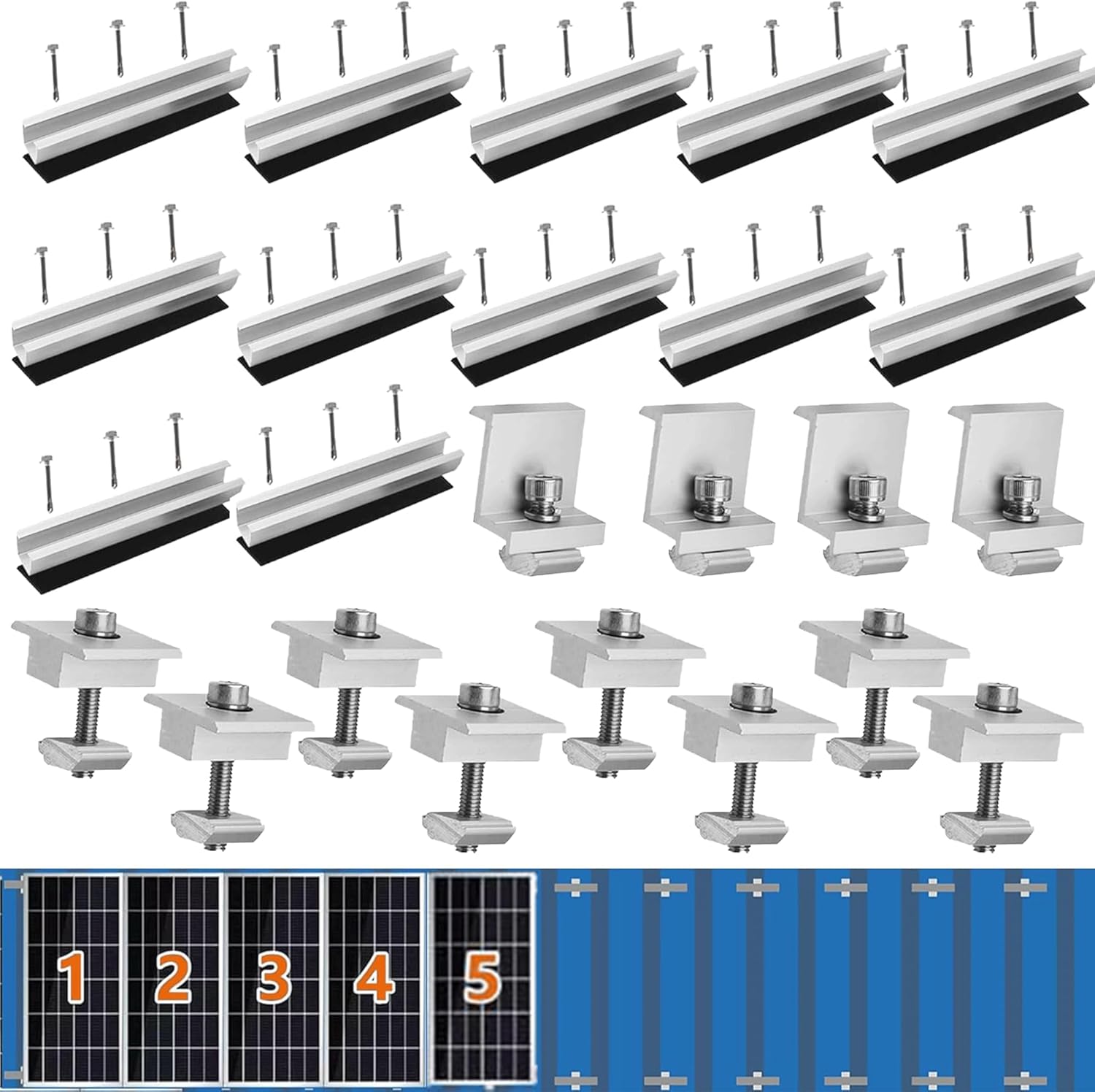 Solar Panel Bracket Kit, 12 Pcs Aluminium Mounting Rail 200mm, Solar Panel Mount 30mm/35mm, Z-Bracket Set, Center Clamps, Solar Mounting Rail Connector for Metal Roof, Tin Roof, Flat Roof, Sheet Roof