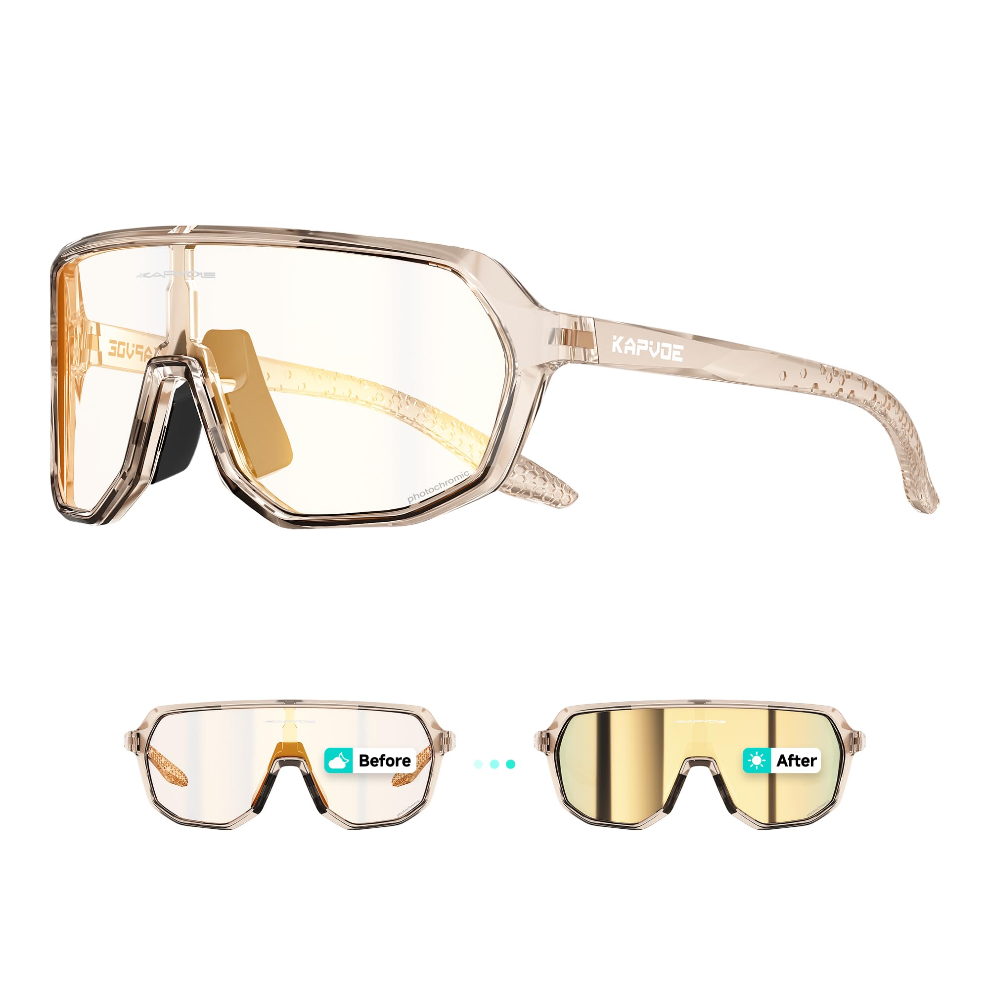 KAPVOE Occhiali Ciclismo Fotocromatici UV400 TR90 Uomo Donna K63 | Fotocromatica da trasparente a dorato CAT.1-CAT.2, UV400, ventilazione, TR90 leggero