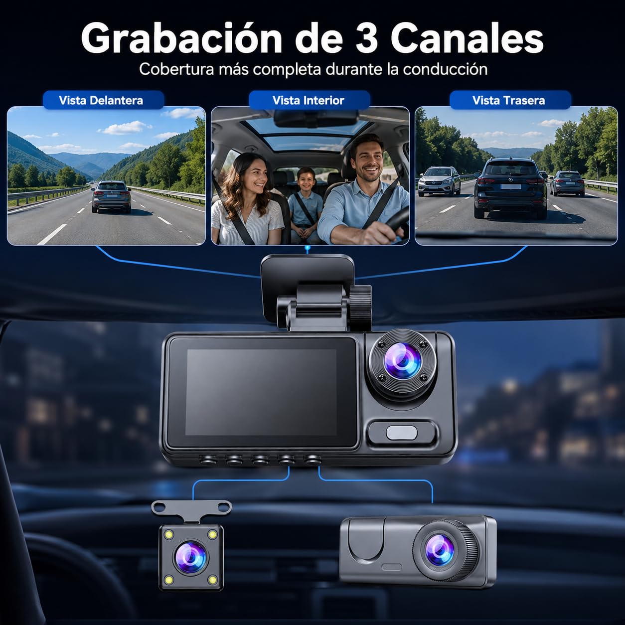 Dashcam 4K para Coche 3 Canales, Cámara Delantera Interior y Trasera con WiFi, Tarjeta 32GB, Pantalla IPS 2.0", Gran Angular, Visión Nocturna, Sensor G, Grabación en Bucle y Modo Parking 24H