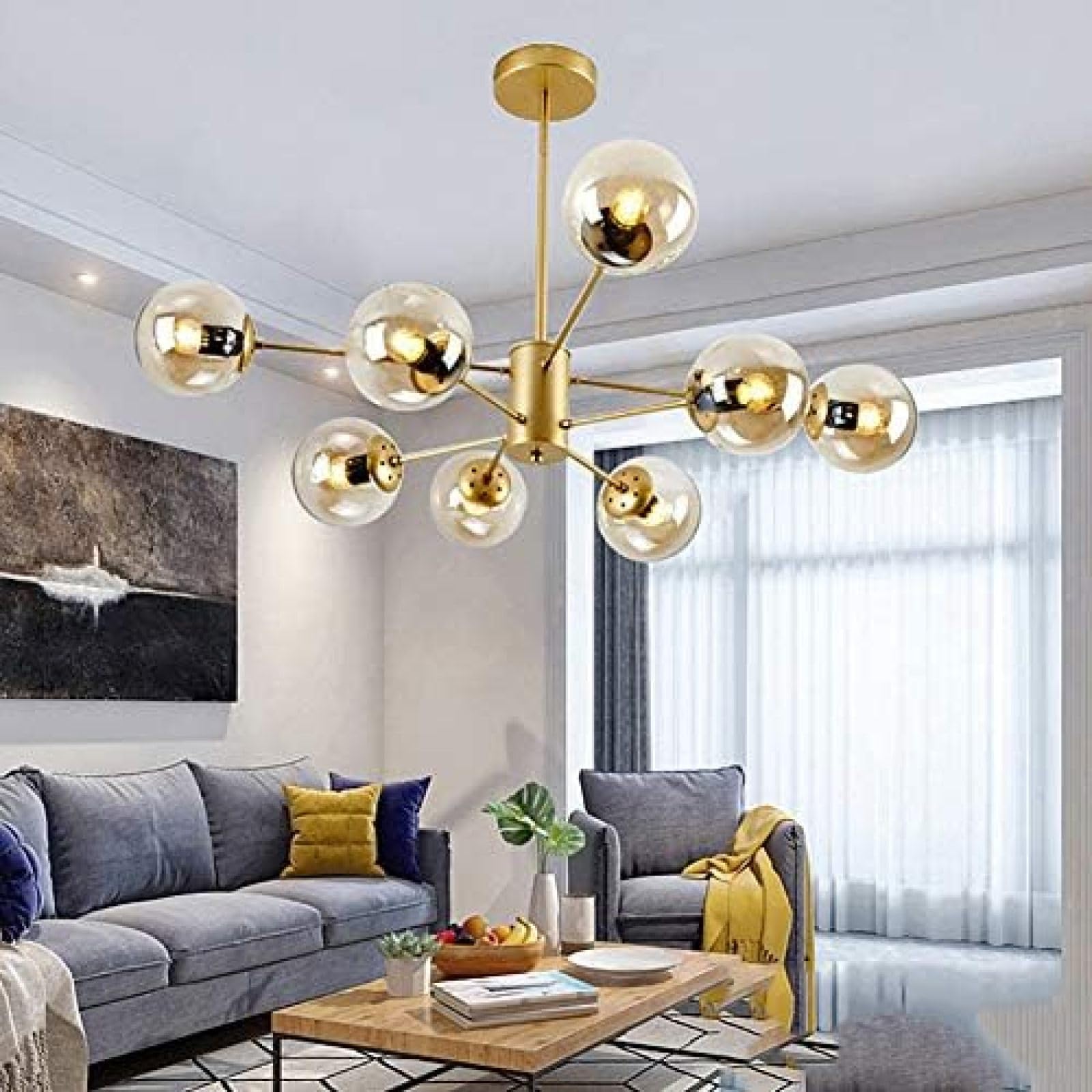 Szklana lampa wisząca, lampa sufitowa, złoty żyrandol Sputnik z kulkami E27, do kuchni, jadalni, sypialni, 6-16 głowic (10 głowic)