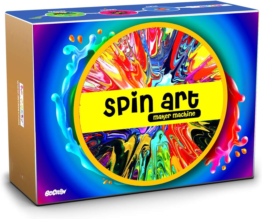 BE CRE8V Spin Art Machine DIY Kit Creative Spin & Paint Art Kit - Motorized Spinning Art Machine + Portable & Easy to Carry + 7 Bottles of Paint Including Metallic Gold & Silver Colors