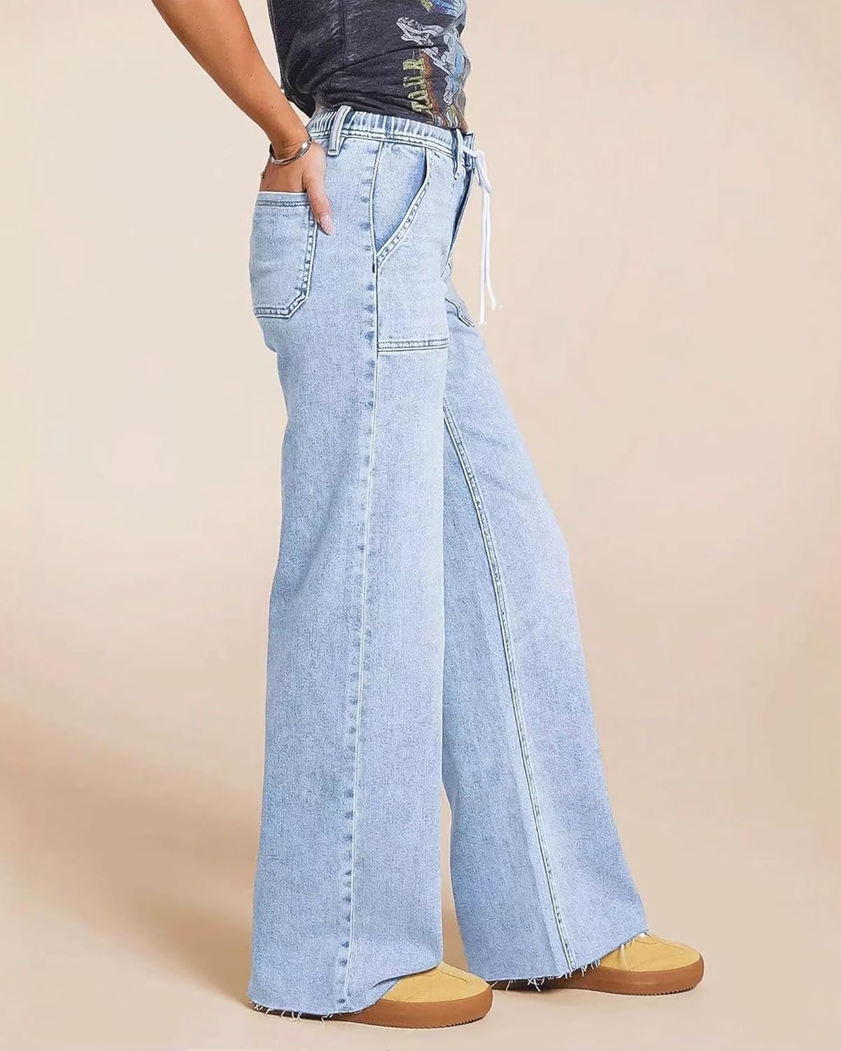Women's Drawstring Straight Leg Jeans Trendy Elastic Waist Raw Hem Boyfriend Denim Pants