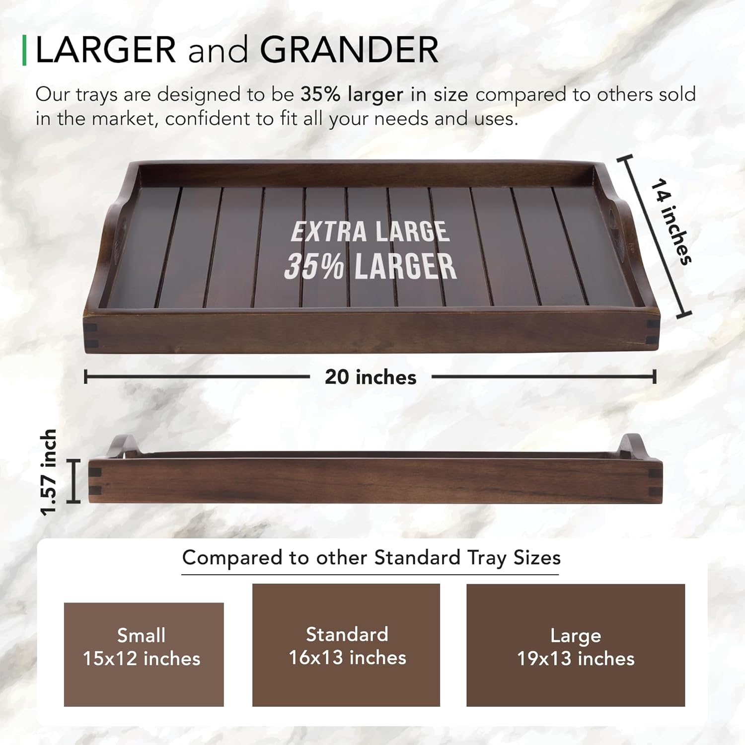 Large Acacia Wooden Serving Tray with Handles 20 x 14 inch Decorative Coffee Table Ottoman Tray for Living Room Extra Large for Kitchen Dinner Food Bar Breakfast in Bed (Dark Brown)