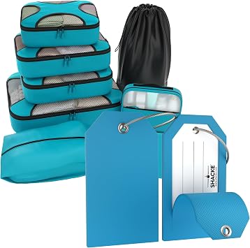 SHACKE | Large Luggage Tag Aqua Teal & Premium 5 Packing Cubes Set Aqua Teal Bundle | Luggage Tag Privacy Cover and Steel Loops | Lightweight Mesh Travel Luggage Organizers with Laundry Bag
