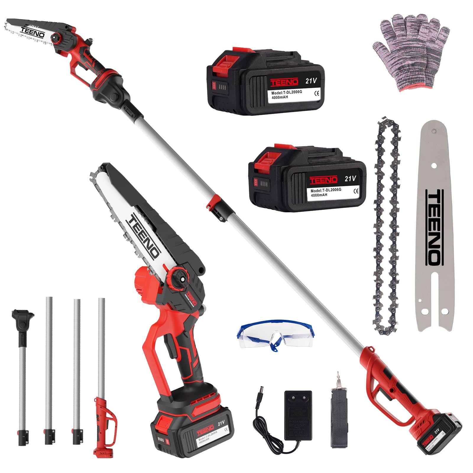 motosierra eléctrica TEENO,Sierra Electrica Podar Arboles 2 en 1, cortadora de ramas telescópica eléctrica, pértiga telescópica, 6 pulgadas, batería 2 * 4000 mAH