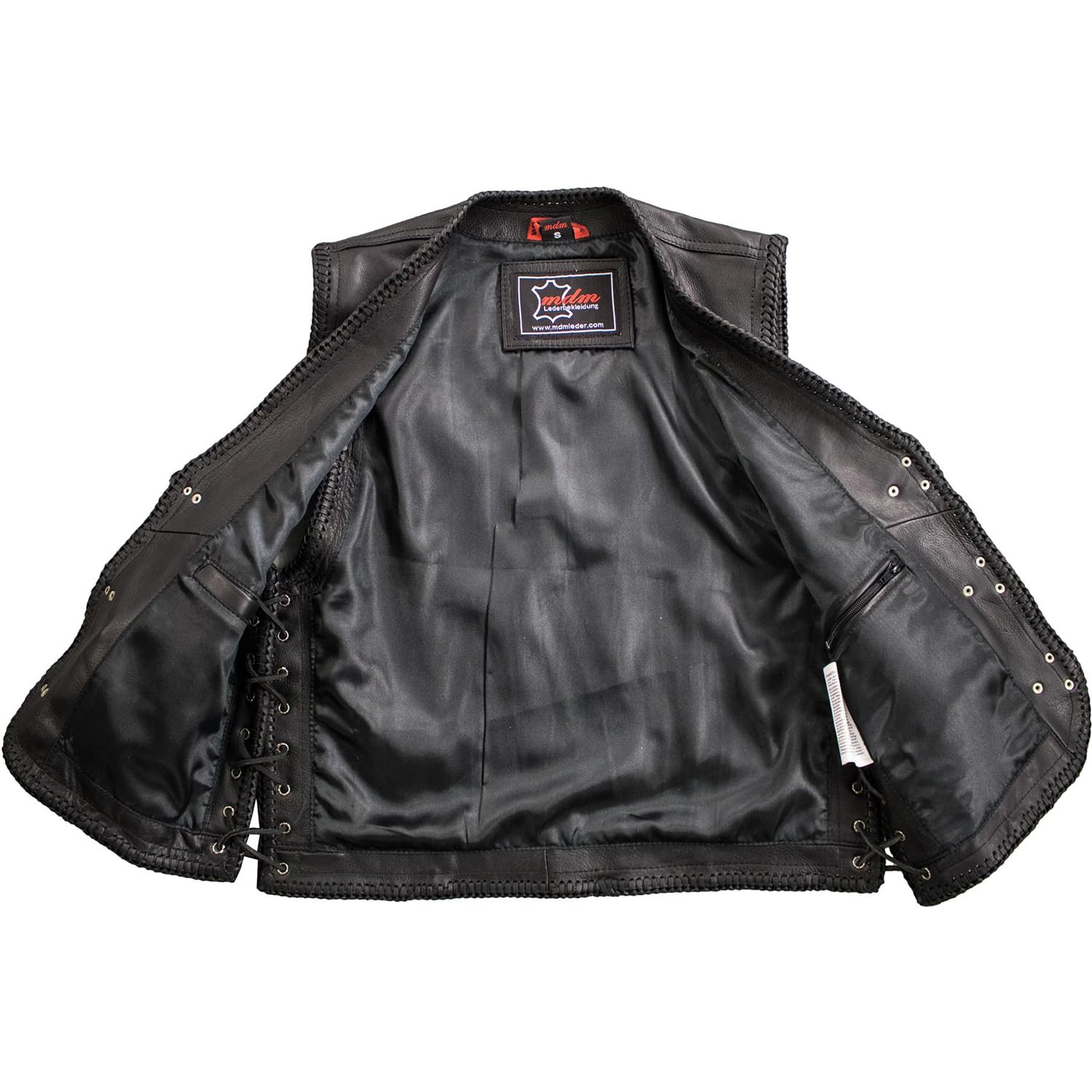 MDM Chaleco de cuero para hombre estilo motero, Piel de vacuno auténtica, negro, botones a presión, cordones trenzados, forro de poliéster