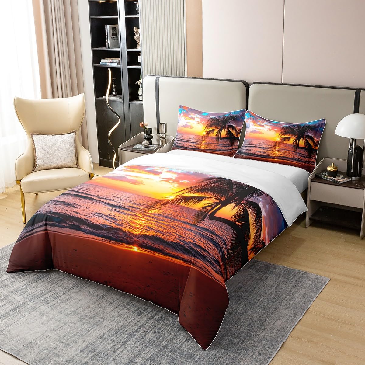 Homewish - Funda nórdica de 140 x 200 cm, diseño de palmera, juego de cama de playa oceánica, juego de cama para atardecer Hawái y hojas tropicales, funda nórdica de onda de mar costera (100% algodón)