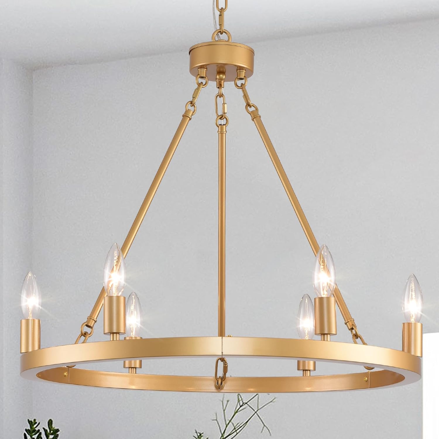 Gold Wagon Wheel Chandelier, 24-Inch 6-Lights Rustic Circle Chandeliers Light Fixture,Round Metal Chandeliers for Foyer Entryway Dining Room Living Room High Ceilings