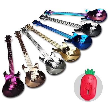 Guitar Dessert Spoons Coffee Teaspoons Set, Stainless Steel Colorful Dessert Spoons, Cute Demitasse Tea Scoop for Stirring Drink Mixing Milkshake Jam(Lucky 7)