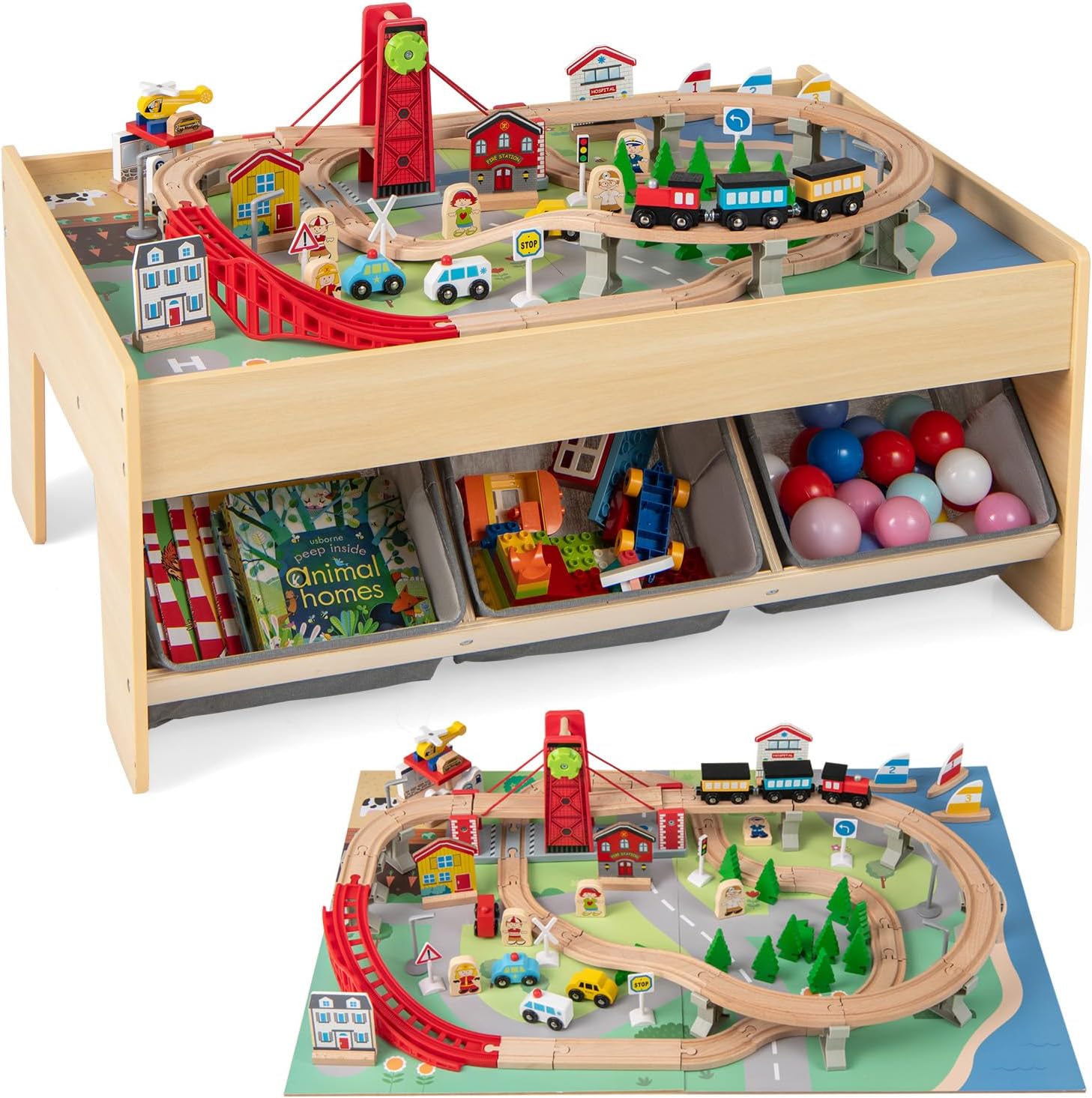 GLACER Train Table with Storage, 94 Pieces Wooden Activity Table (Grey)