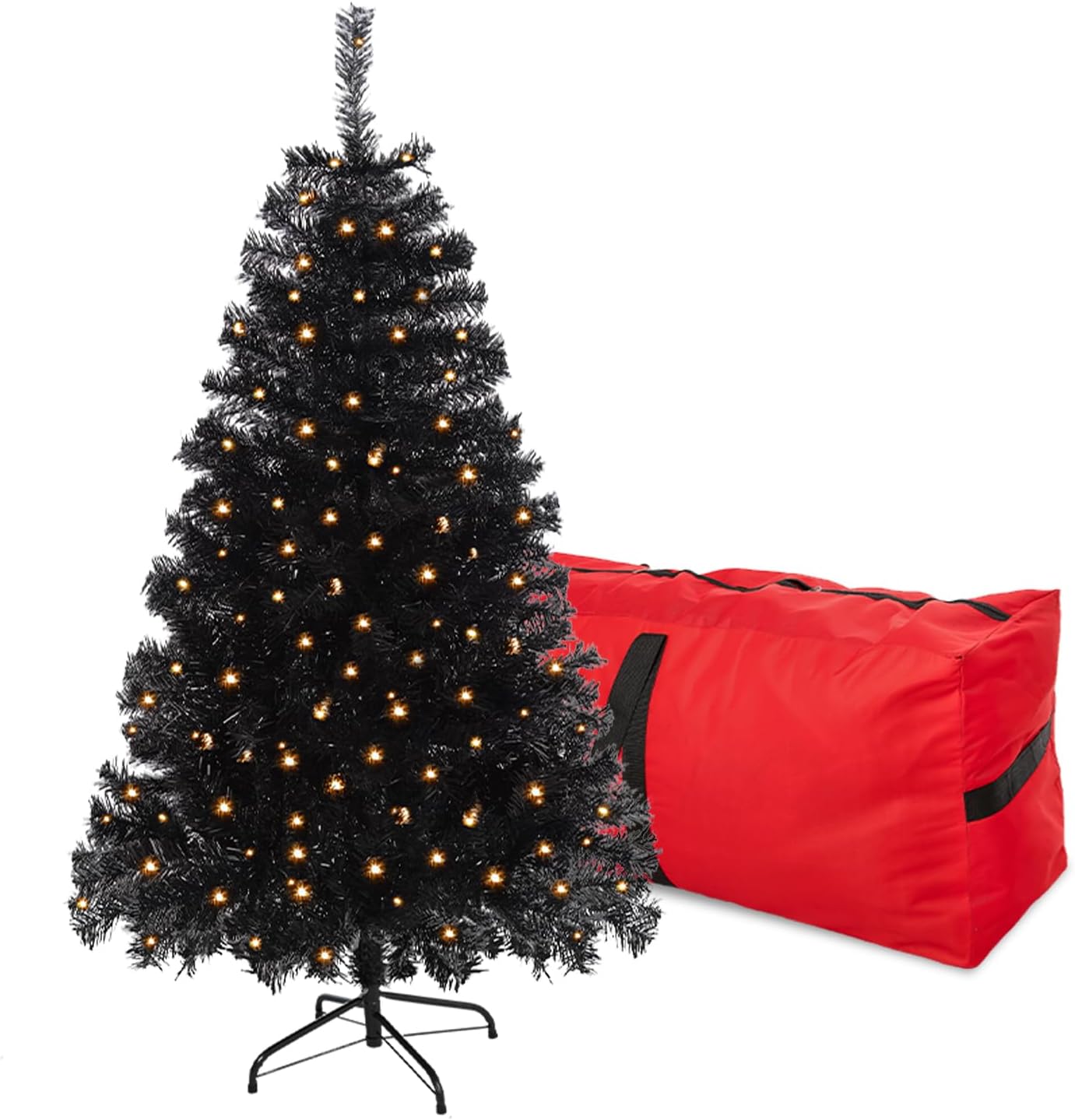 5FT Pre-Lit Black Christmas Tree, Small Artificial Halloween Tree with 600 Branch Tips, Xmas Full Tree for Indoor Holiday Party,200 Warm Lights, Foldable Metal Stand Prelit Black 5FT