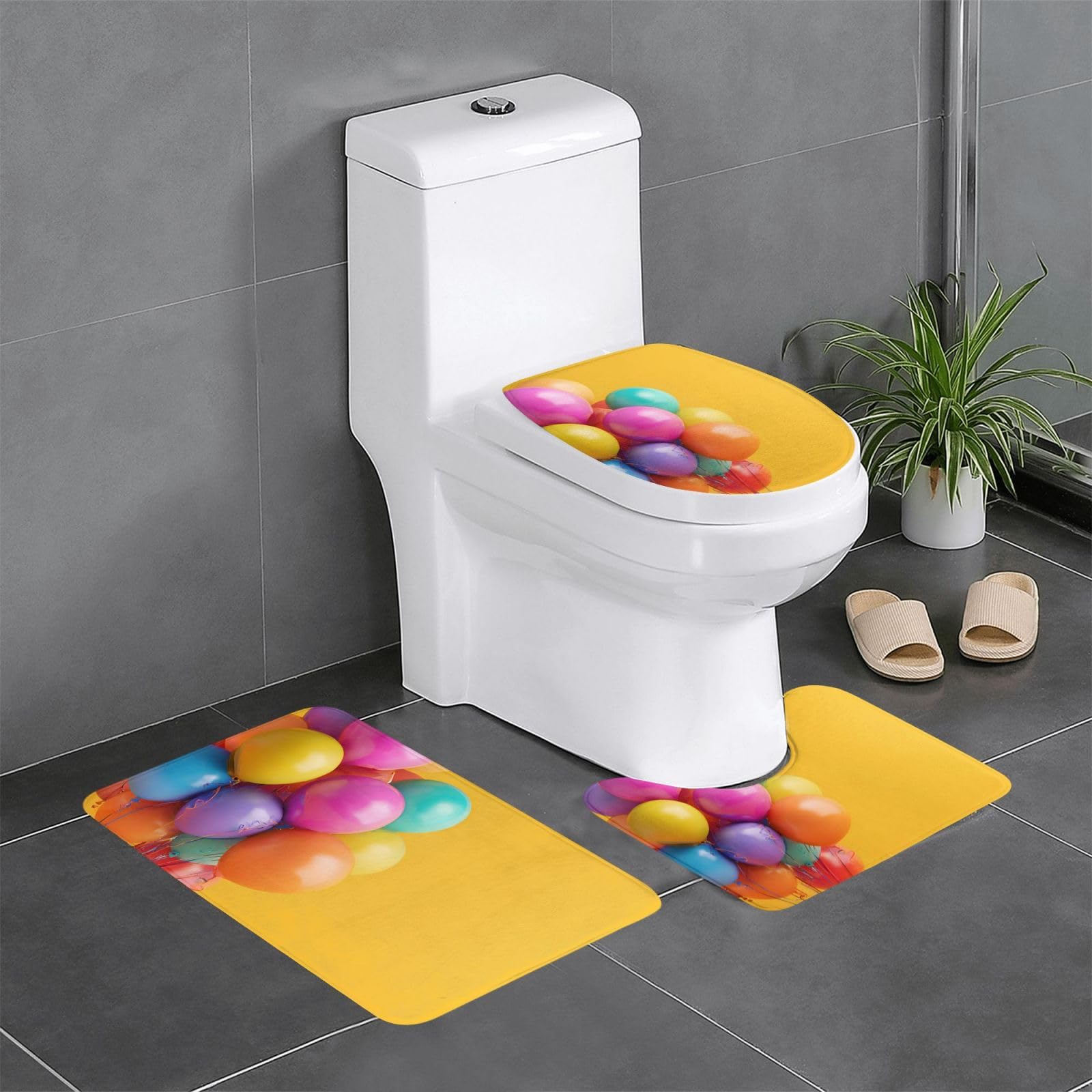 Tapis de salle de bain lot de 3 avec contour WC assorti motif ballons colorés