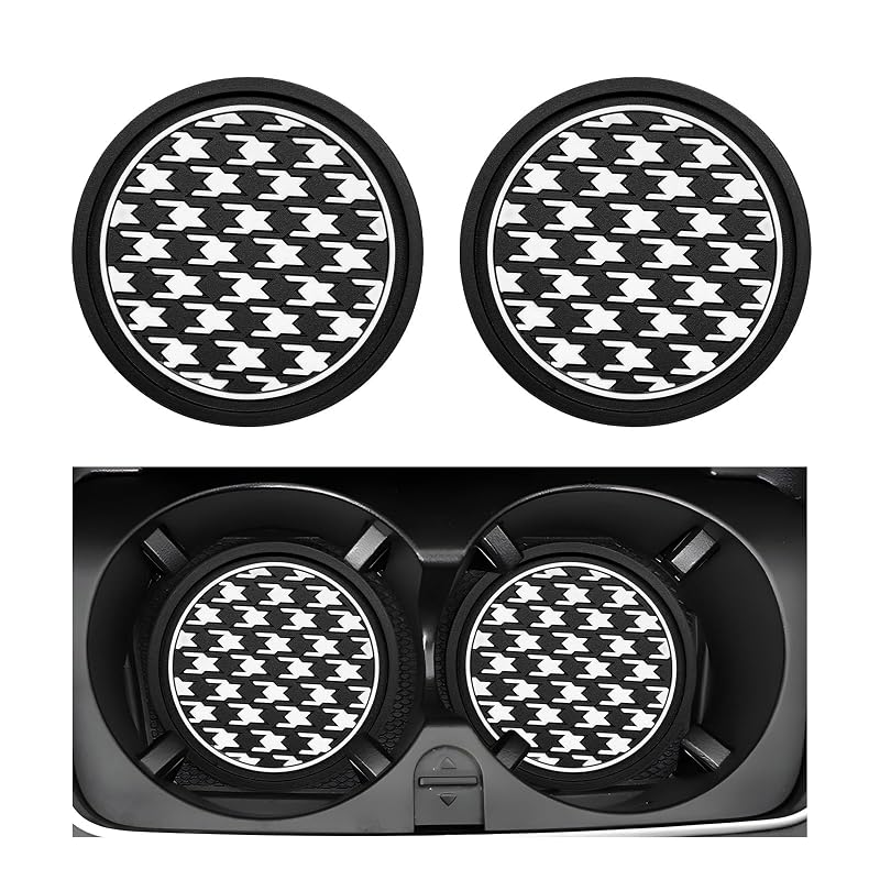 Yourkar Kit com 2 bases para porta-copos automotivo em PVC, estampa Houndstooth, antiderrapantes, redondas de 7 cm, sem strass