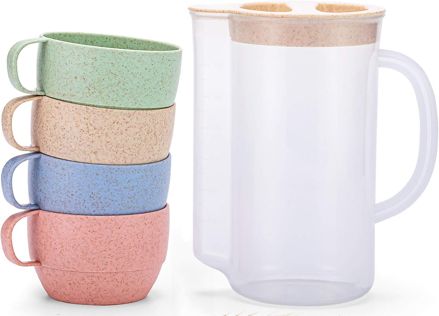 UDOIT Unbreakable Wheat Straw Kettle Set with 4 Multicolor Cups for Kids Children Toddler Adult, Lightweight Natural Reusable Drinking Mugs Pitcher Jug for Coffee, Tea, Water, Milk, Juice