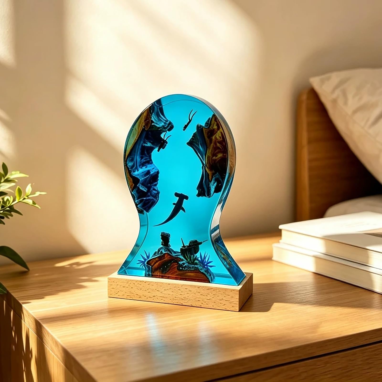 Luz Nocturna de Resina Epoxi con Base Madera, LED Multicolor