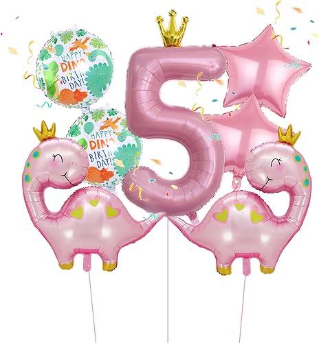 7 globos de dinosaurio con corona rosa, globos de aluminio de Mylar con número de cumpleaños de dinosaurio rosa, suministros de fiesta de 5