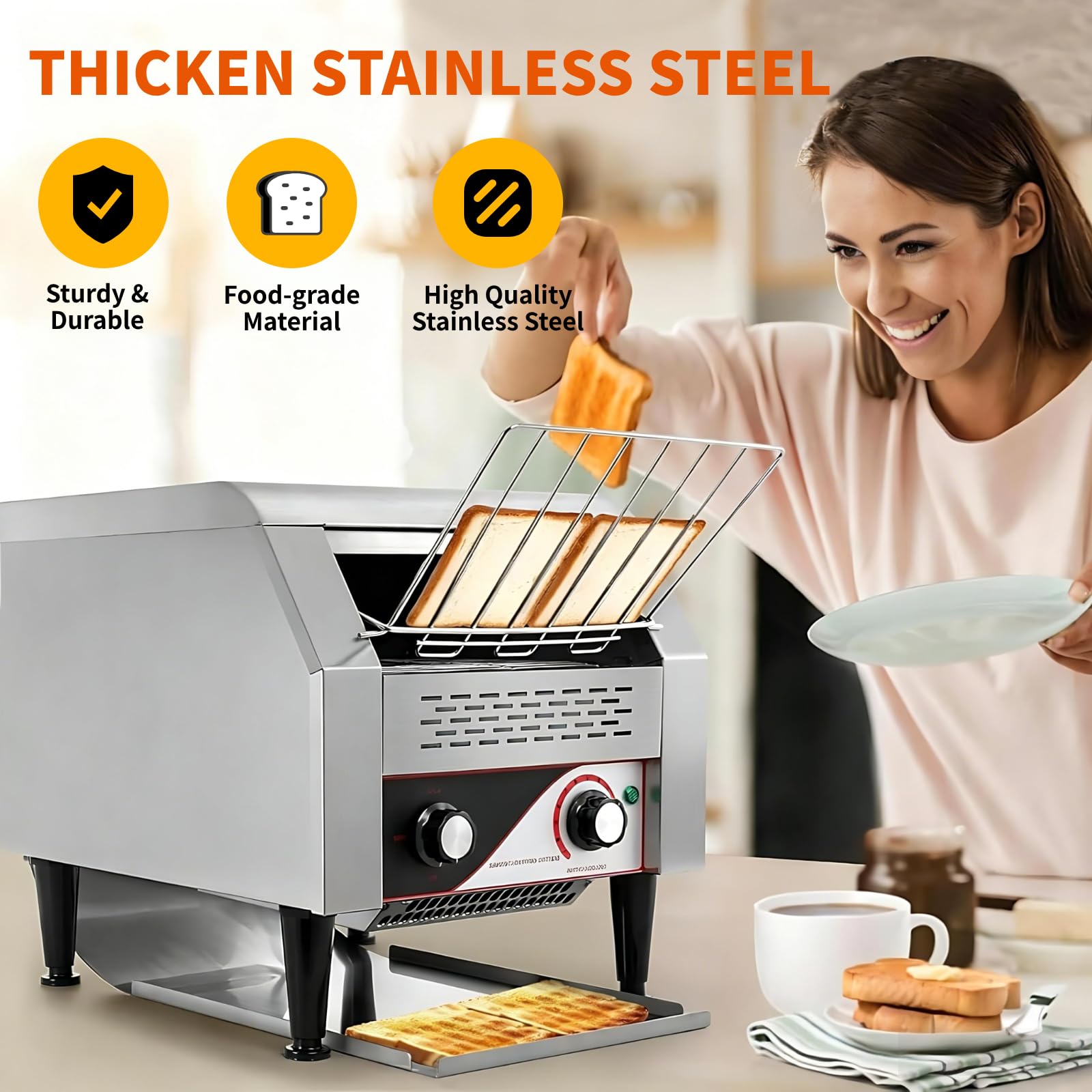 Tostador de Cinta transportadora Profesional 2200W | 300 rebanadas/Hora | con Doble Tubo Calefactor | 3 Modos de Tostado: Superior+Inferior/Solo Superior/Mantener Caliente
