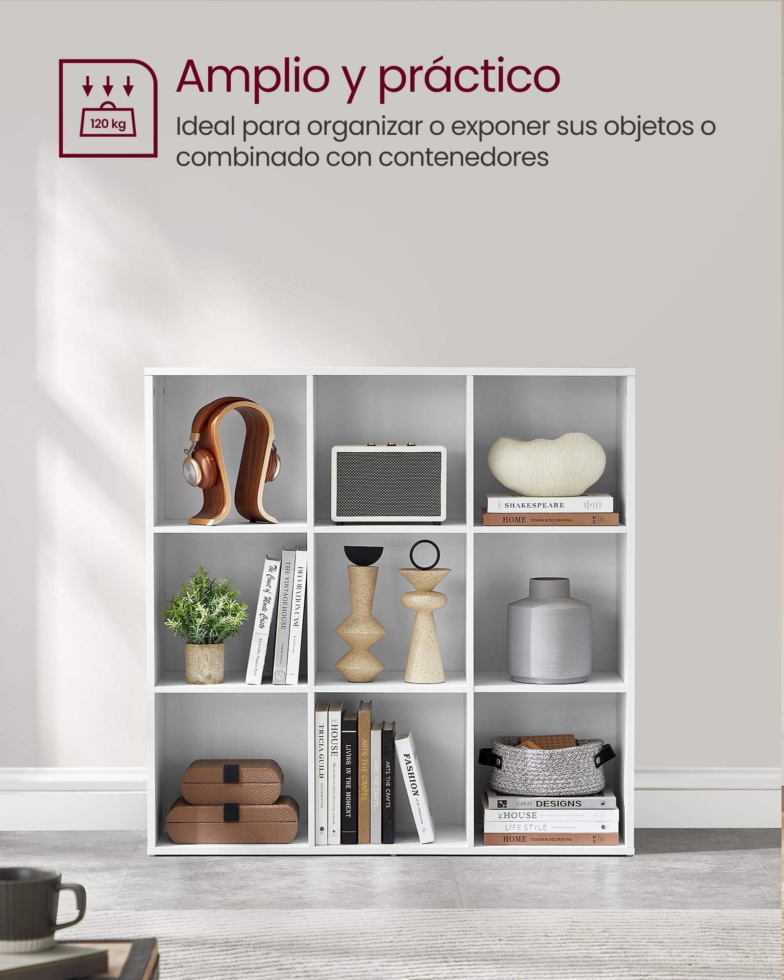 VASAGLE Custos Colección - Librería, Estantería Almacenaje, de 9 Compartimientos, para Sala de Estar, Estudio, Oficina, 30 x 97,7 x 97,5 cm, Blanco LBC177W01
