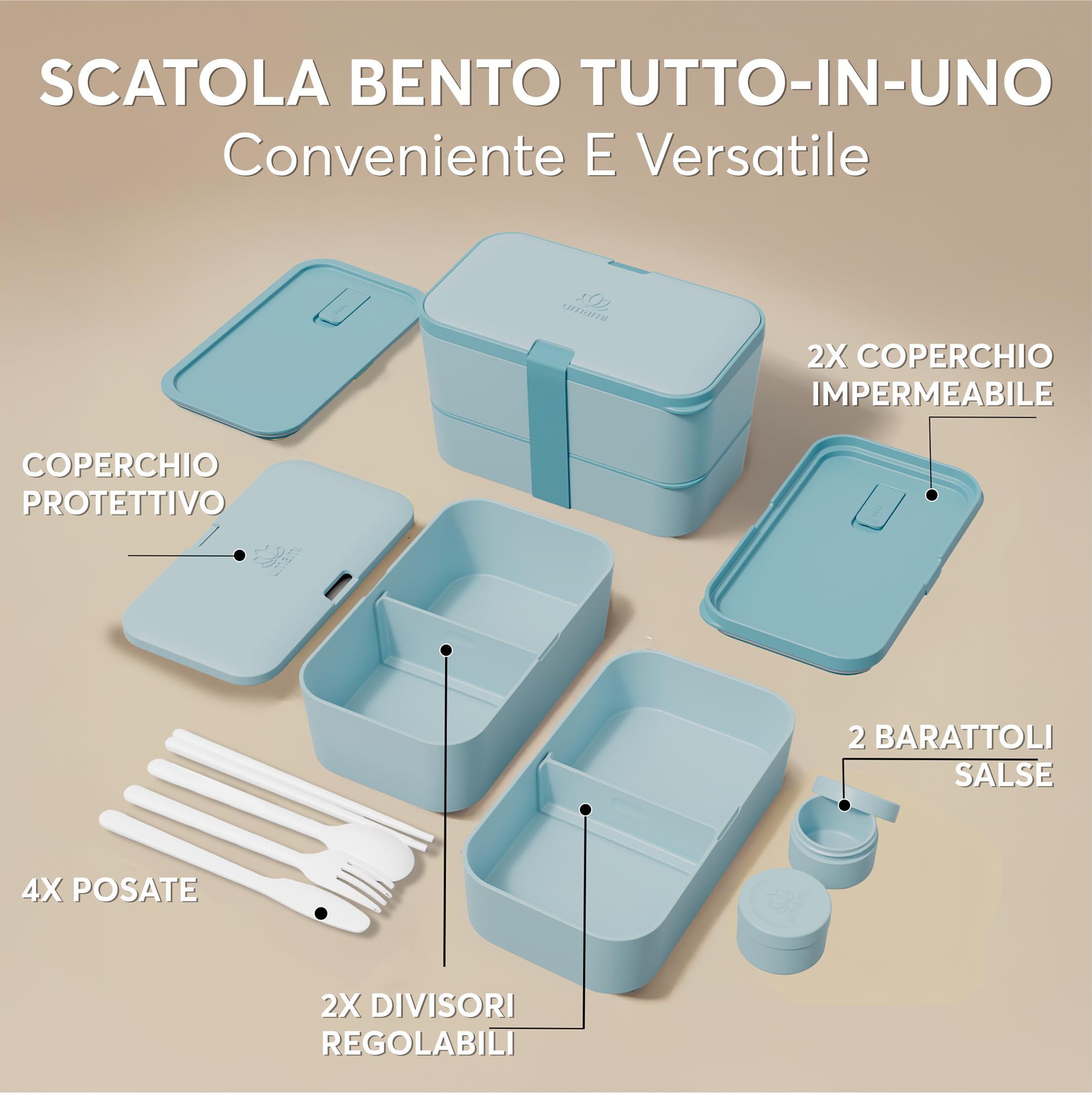 Umami Porta Pranzo Lunch Box Impilabile Con 4 Scomparti E Posate, Sicuro Per Microonde, Lavastoviglie, Portapranzo Ufficio, Bento Lunchbox Ermetico Per Adulti, Schiscetta Pranzo, Menta Blu,1500 ml