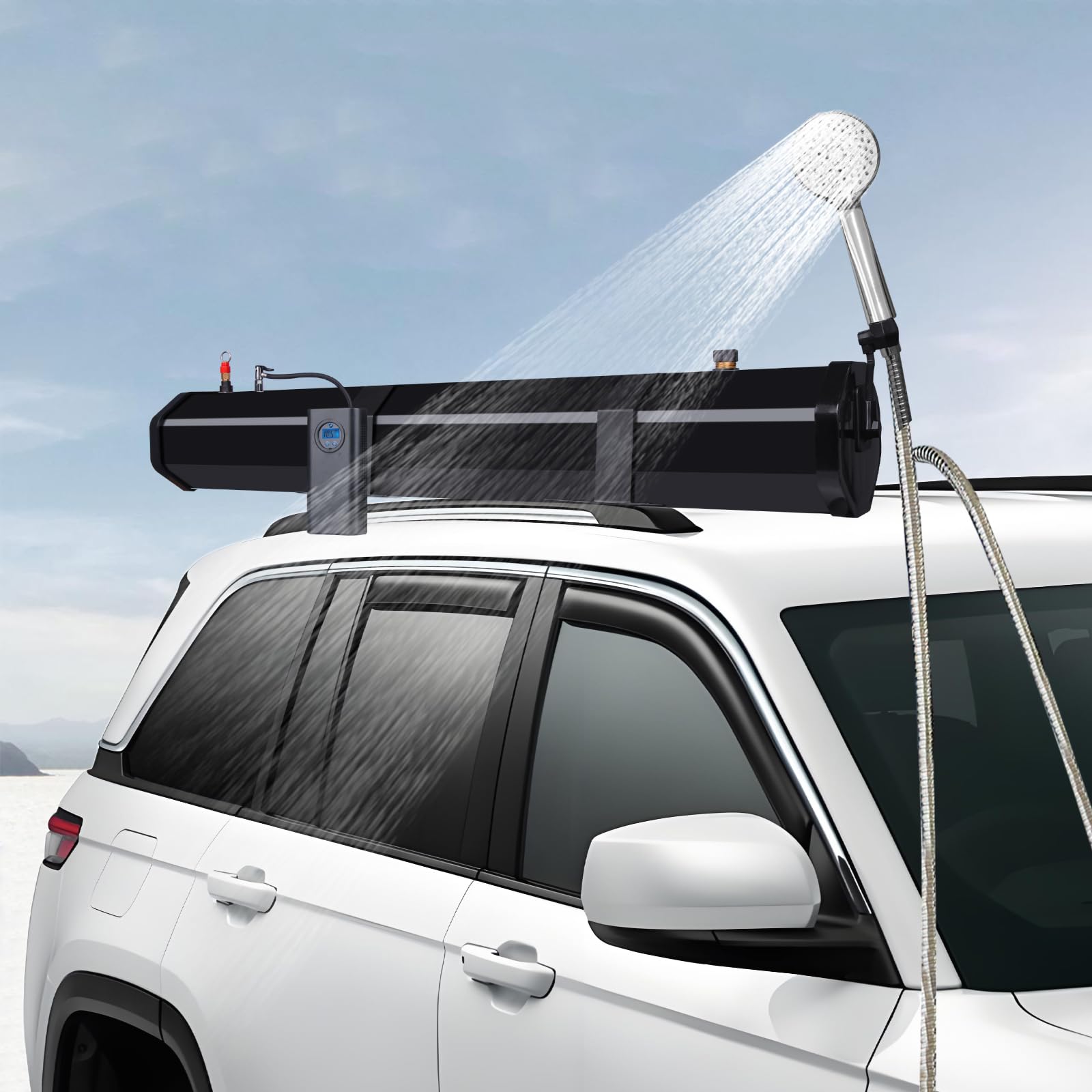 Dachgepäckträger-Wassertank Wasserspeicher für Fahrzeuge 30 L Außen-Dusche mit Druckpumpe, Duschkopf und Schlauch für Kofferräume Überrollbügel Querträger- Wohnmobil Camper Caravan Offroad, Pickup SUV