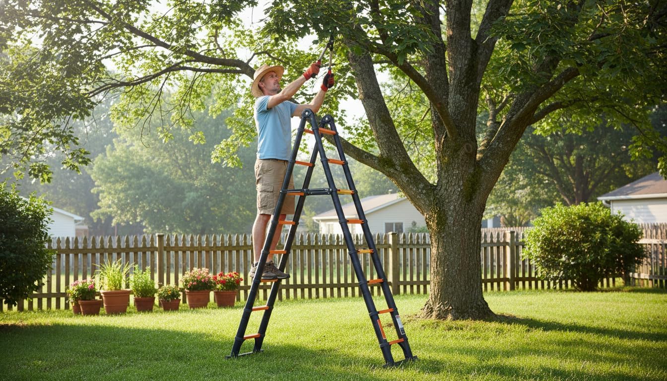 JADDUO Telescoping Ladder A Frame, 16.5 Ft Compact Aluminum Extension Ladder, Portable Telescopic RV Ladder for Outdoor Camper Trips Motorhome with Tool Platform and Stabilizer Bar, 330 lbs，Black
