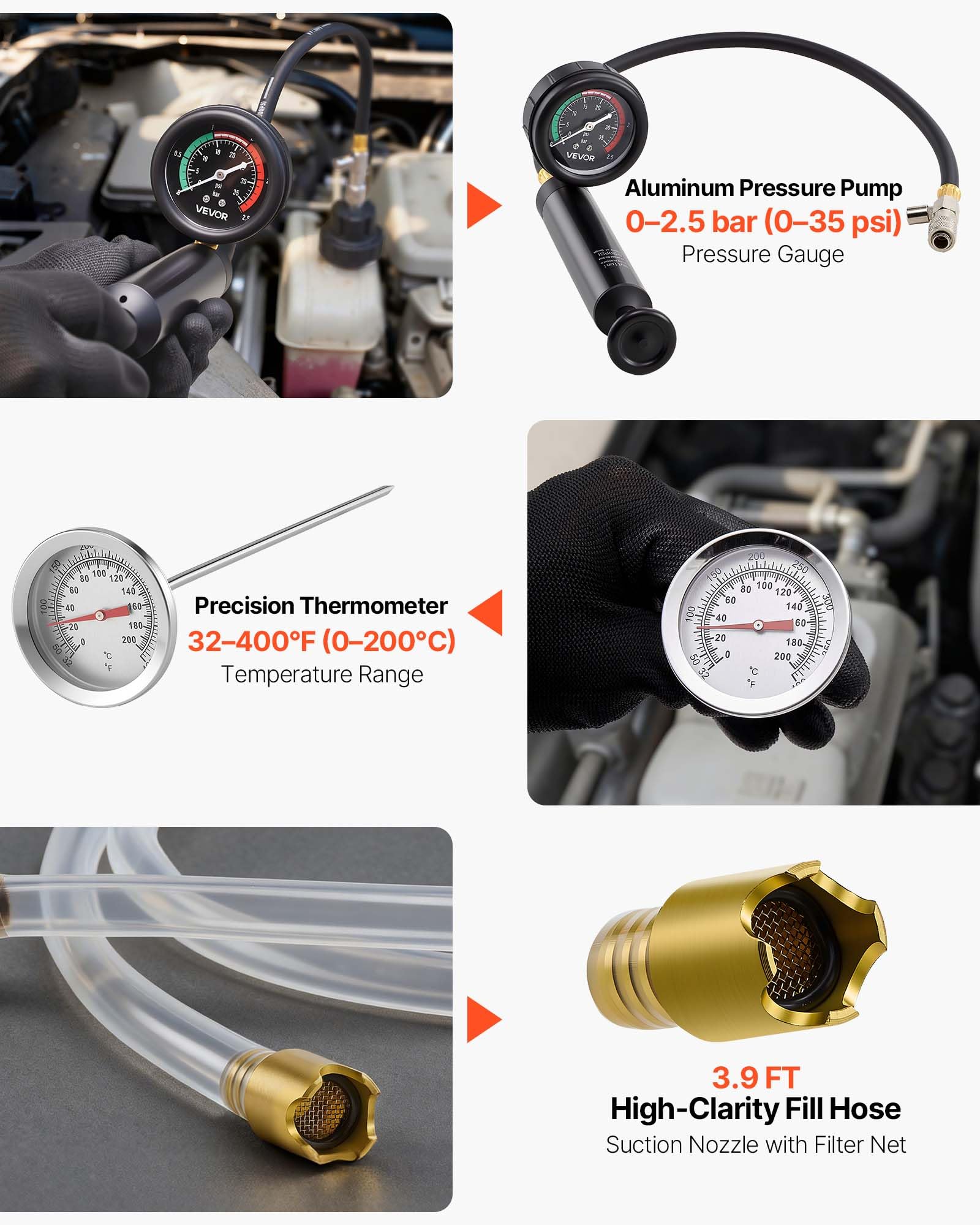 VEVOR Kit Testeur de Pression du Système de Refroidissement Automobile 28PCs, Kit de Recharge sous Vide de Radiateur avec 4 Adaptateurs, Pompe de Pression et Remplisseur en Alliage d'Aluminium