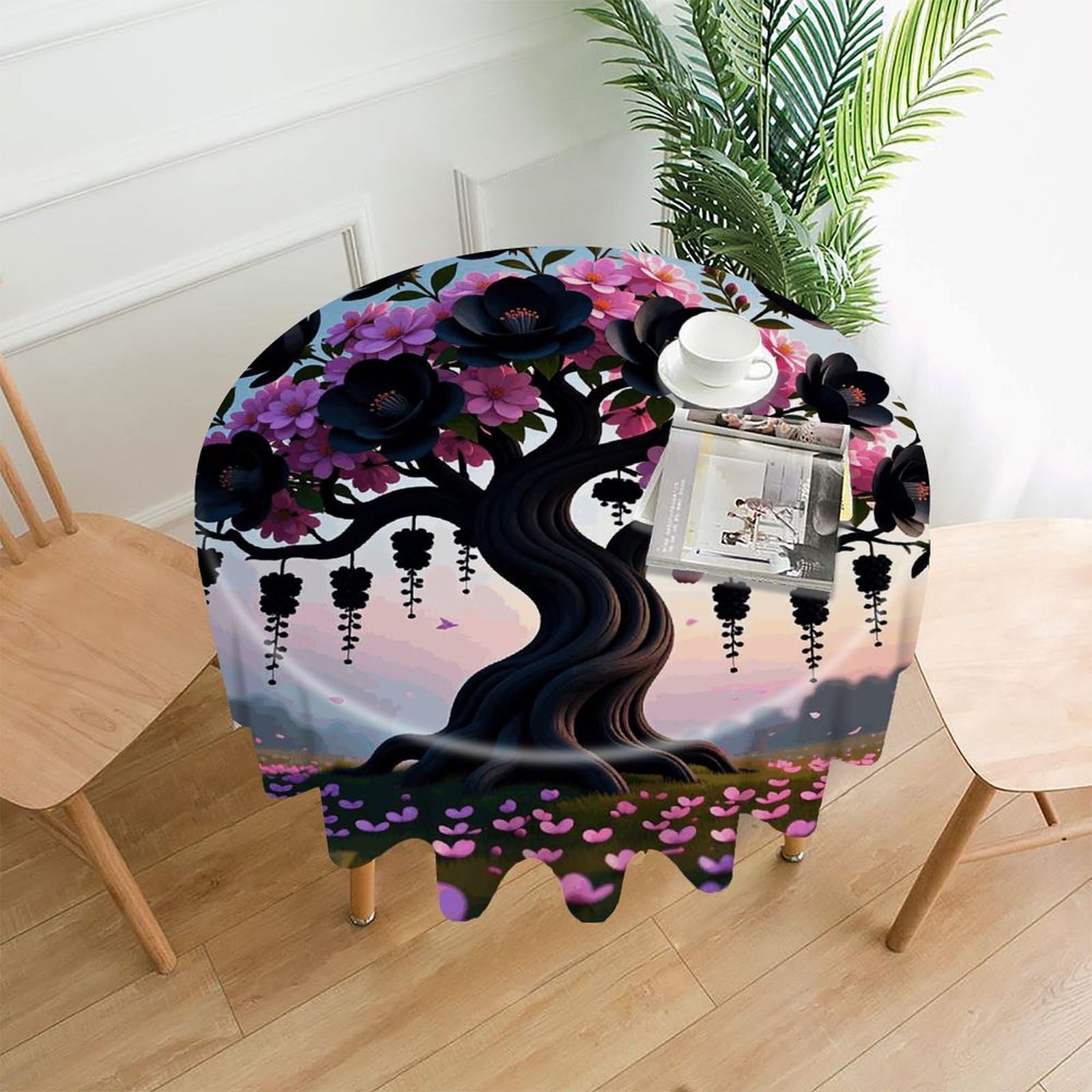 VstaDank Black Blossom Table Cloth Fashions Washable Round Tablecloth Decorative Table Cover Comfortable Straight Edge Tablecover for Dining Kitchen Party Outdoor 60 Inch