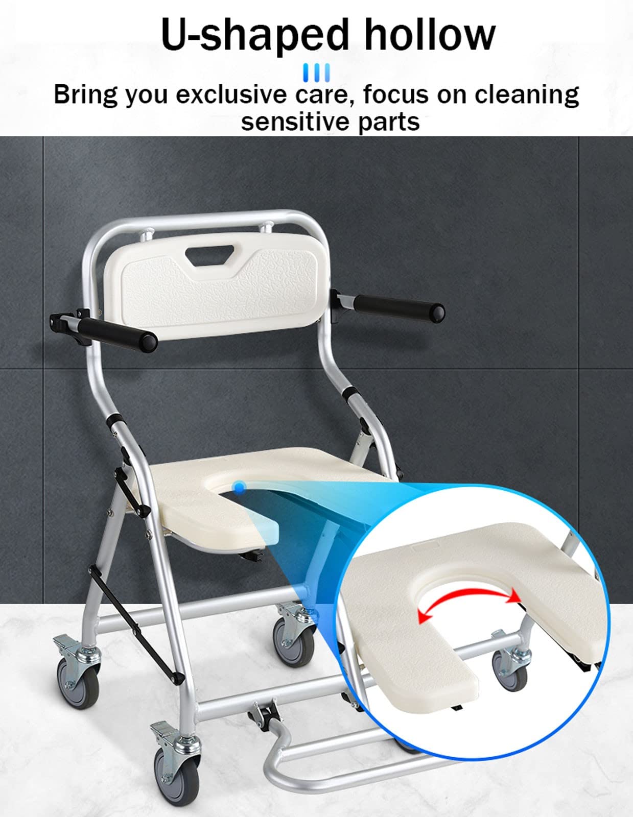Sillas de Ruedas Impermeable para Ducha, Taburete de Ducha Plegable con Ruedas y Placa de Asiento Desmontable en Forma de U, Silla de Baño Adulto Dedicado para Ancianos y Mujeres Embarazadas