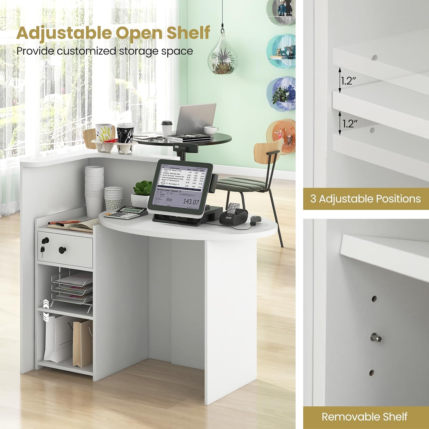 Adjustable open shelf feature of the reception desk