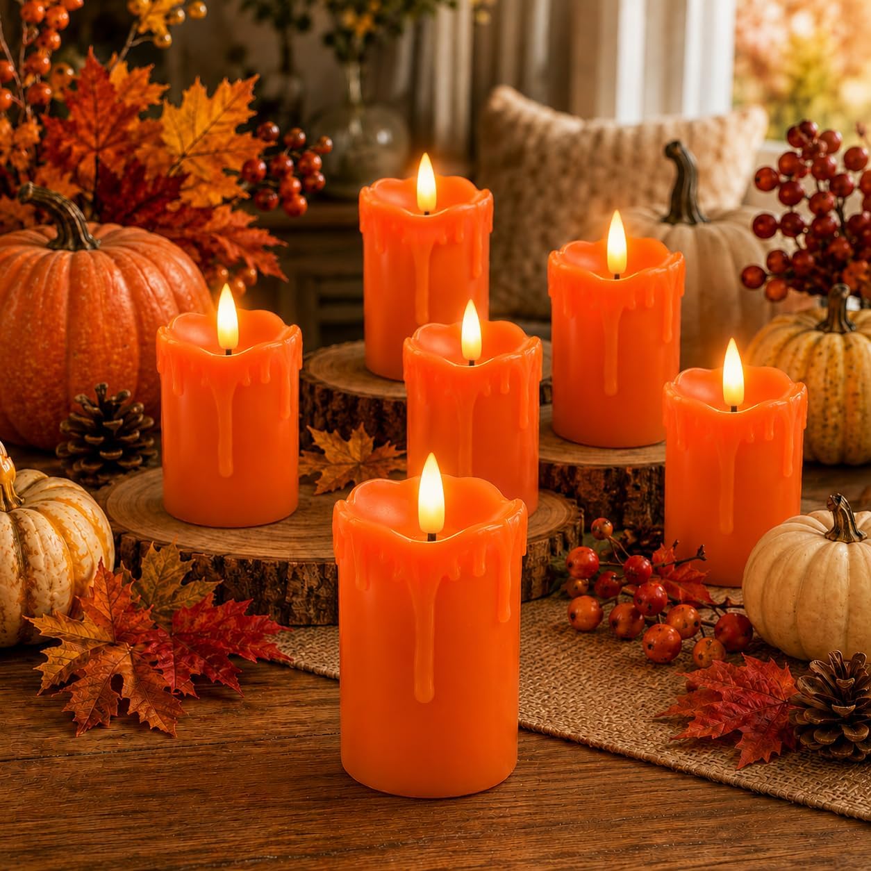 Lezonic Flameless Votive Candles Battery Operated with Remote Timer, Pack of 6 (D:2" X H:3") LED Orange Long Lasting Flickering Wax Candles, Halloween Thanksgiving Fall Decorations for Home