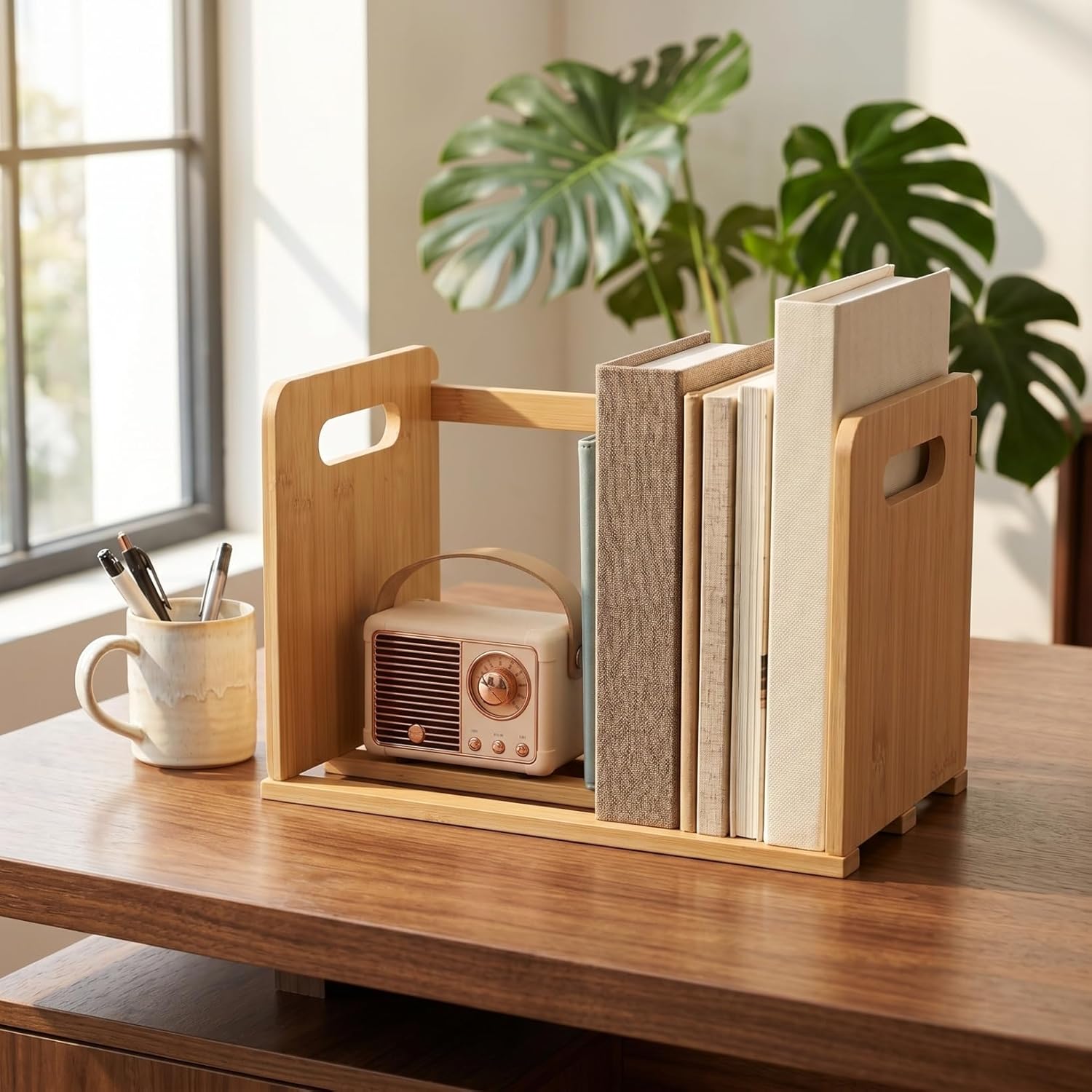 Small Bookshelf for Desk & Vinyl Record Storage Holder, Solid Wood Table Top Bookshelf, 12.6" Countertop Desktop Bookcase Organizer for Albums, CDs, Books, Ideal Mother's Day Father's Day