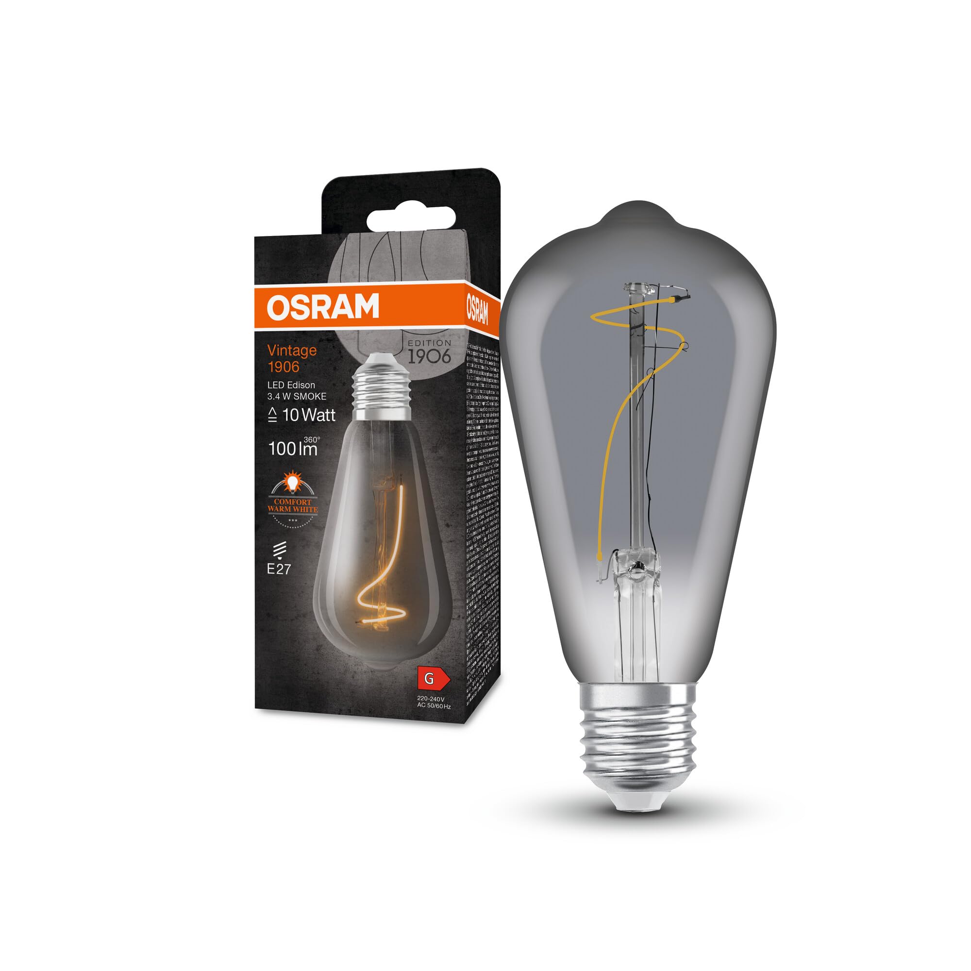 Osram Vintage 1906 LED-Lampe mit Smoke-Tönung, 3,4W, 100lm, Edison-Form mit 64mm Durchmesser & E27-Sockel, warmweiße Lichtfarbe, nicht dimmbares Filament, bis zu 15.000 Stunden Lebensdauer